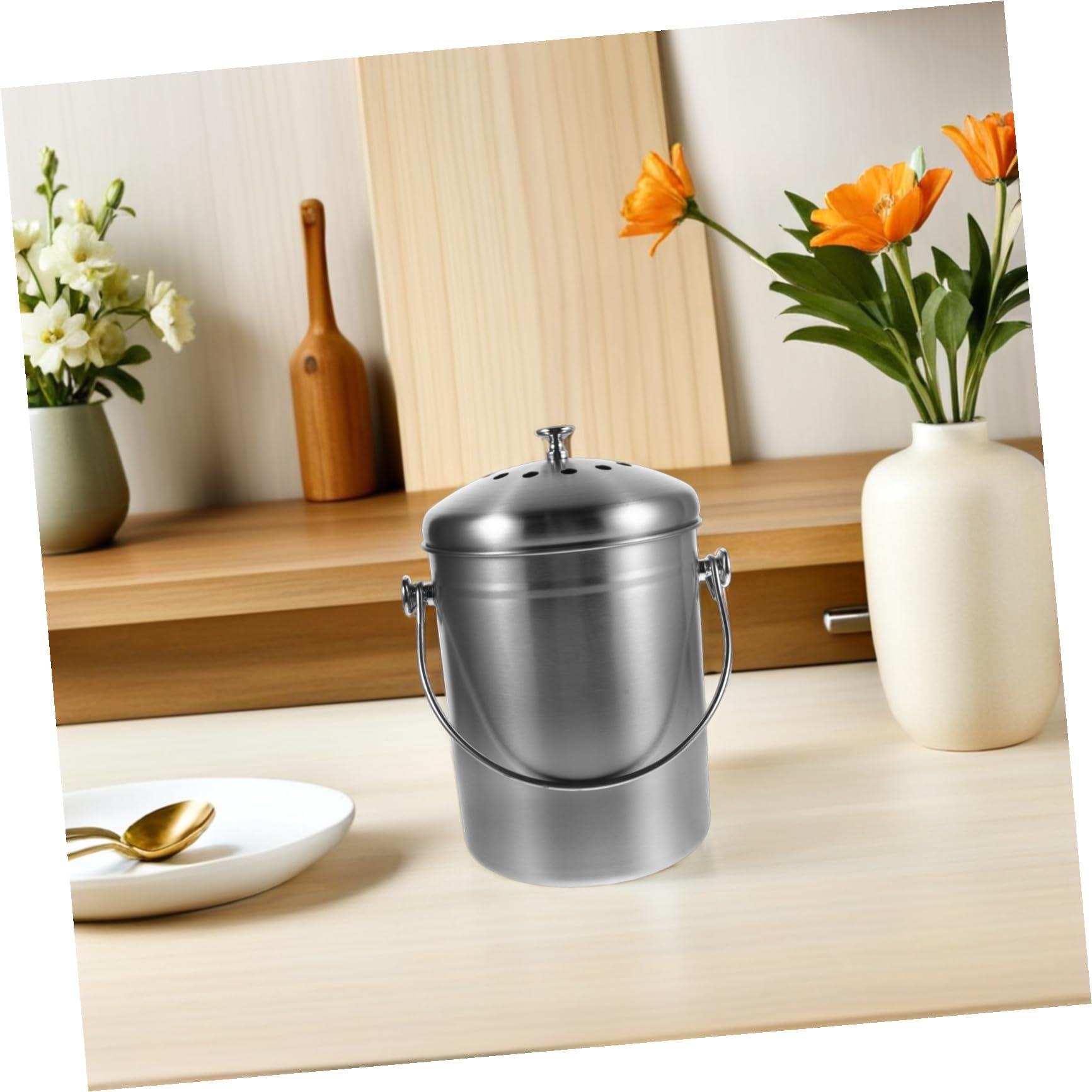 5l Edelstahl Küchenkomposteimer mit Deckel und Aktivkohlefilter Kompakter Biomülleimer für Obst und Gemüsereste für Küche und Innenbereich