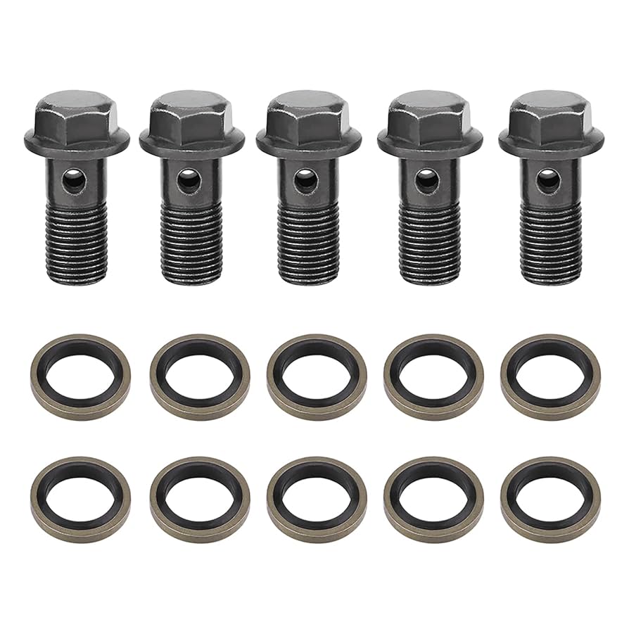 Hlyjoon 5 Pcs Motorcycle Banjo Bolts & Washers Brake Banjo Bolts Iron Banjo Bolt Gasket Sealing Washer Kit For Brake Caliper Master
