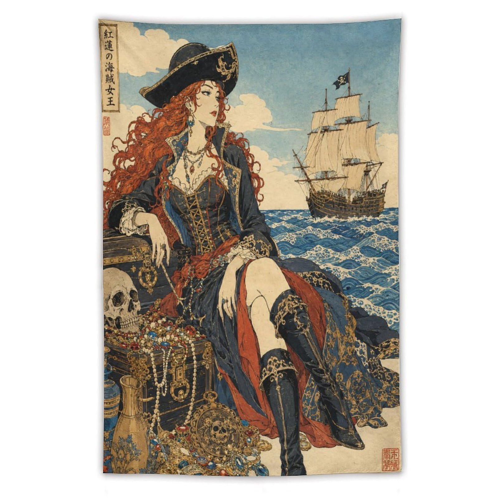W7C8U2X3 Pirate Queen with Ship Wall Tapestry, Ukiyo-e, Reading Corner