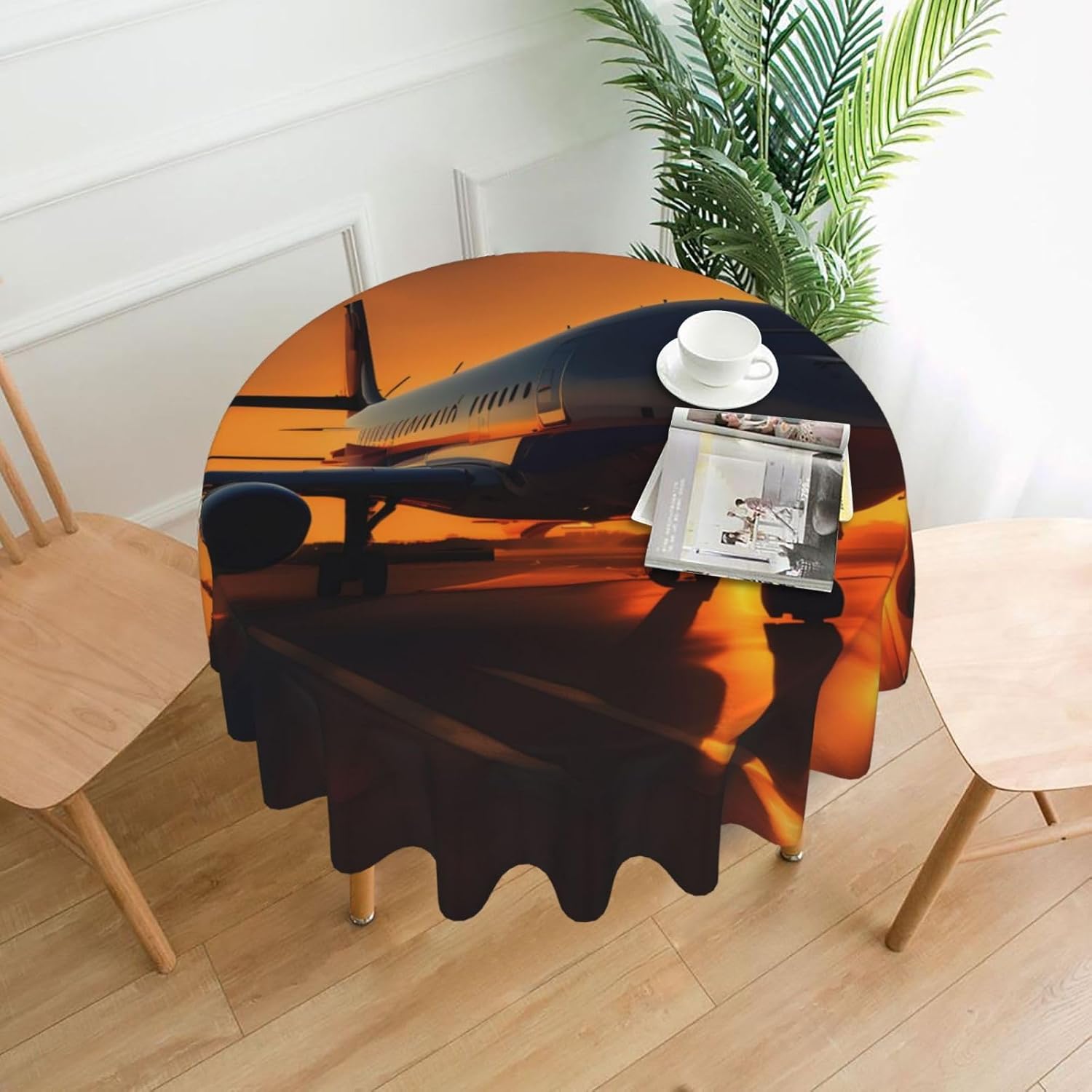 Airplane at Sunset Print Wrinkle Free Dining Table Cover for Birthday Party Farmhouse Tablecloths Up to 60 x 60 Inches