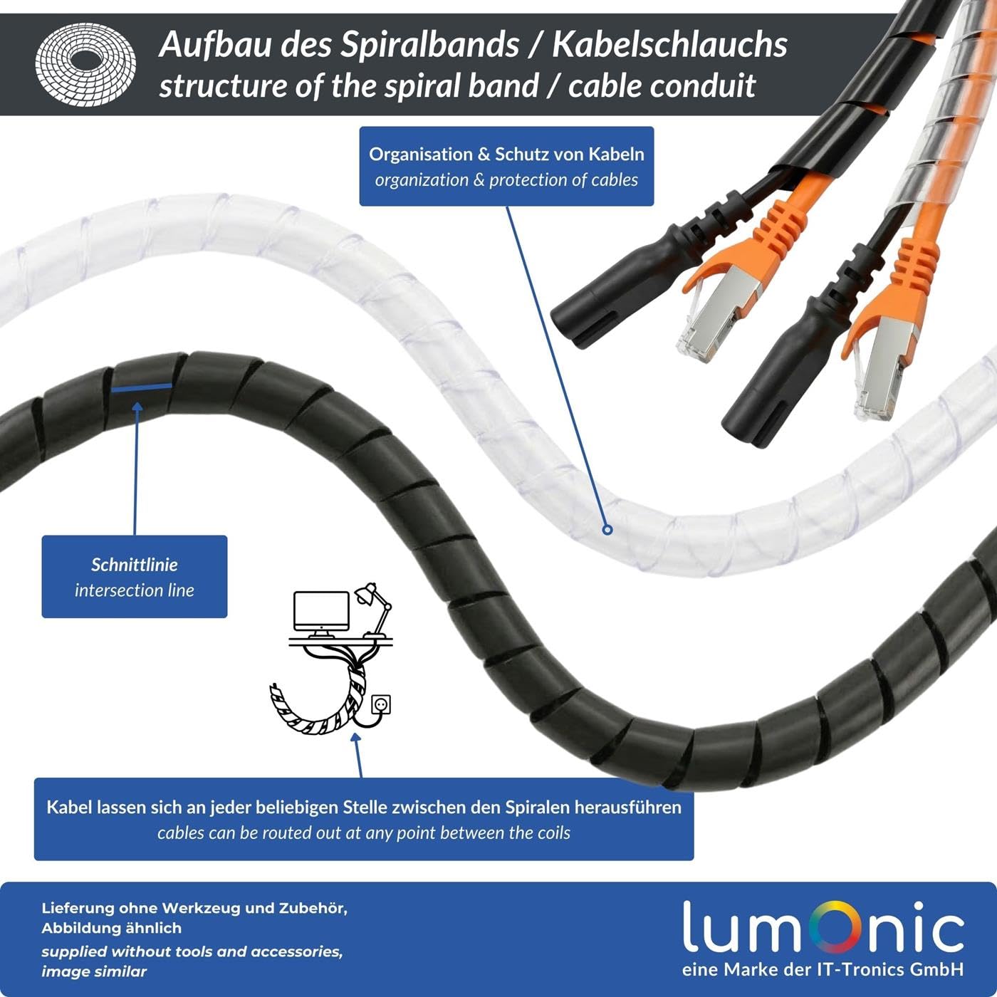 Lumonic guaina per cavi a spirale nero 5m I Banda a spirale da 4mm per cavi con diametro da 1,5 a 10mm I Protezione per guaine flessibili per uso privato e industriale
