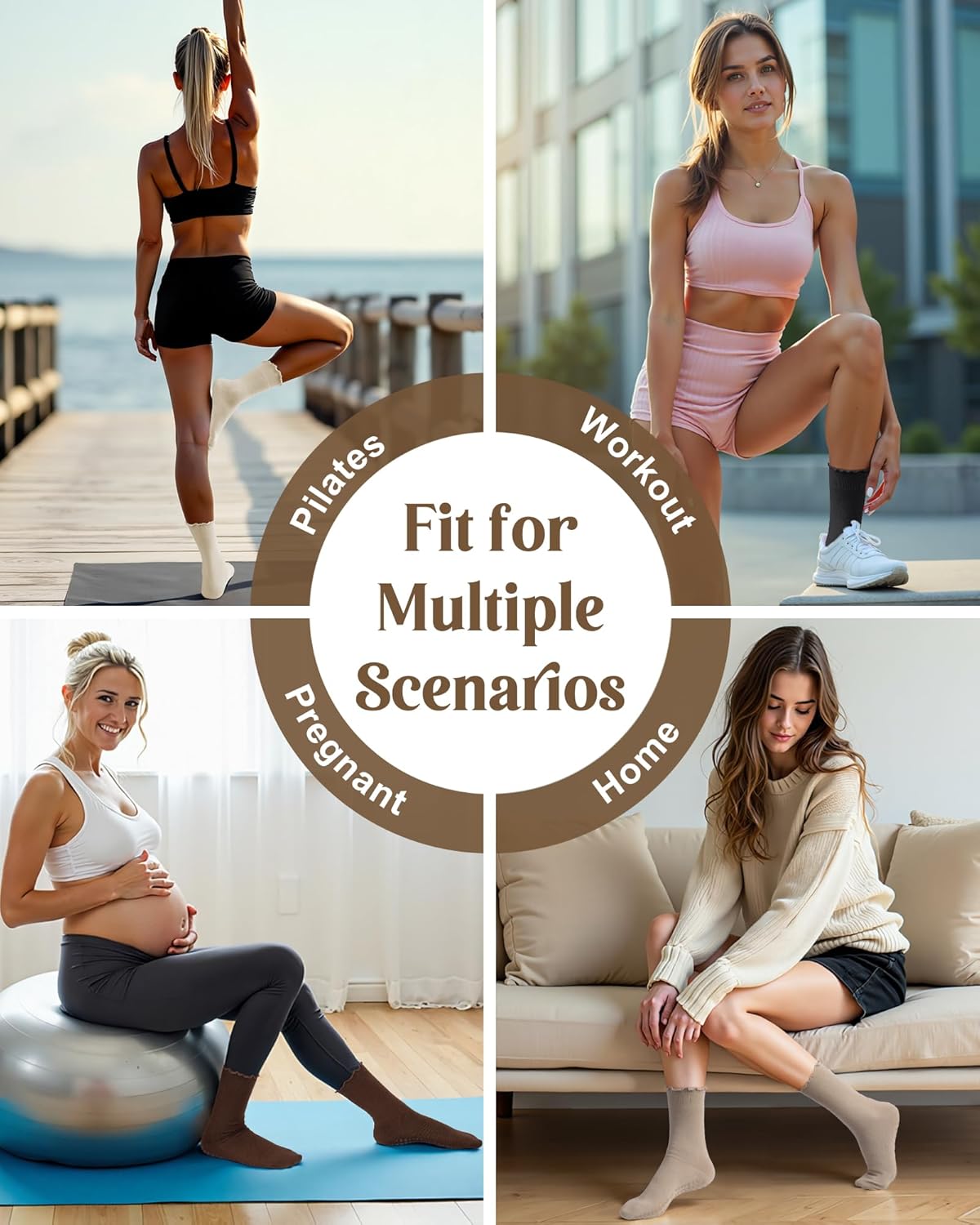 5 Pairs Pilates Yoga Socks with Grips for Women, Cute Cotton Ruffle Frilly Cuff Non Slip Grippy Athletic Crew Socks - Image 7