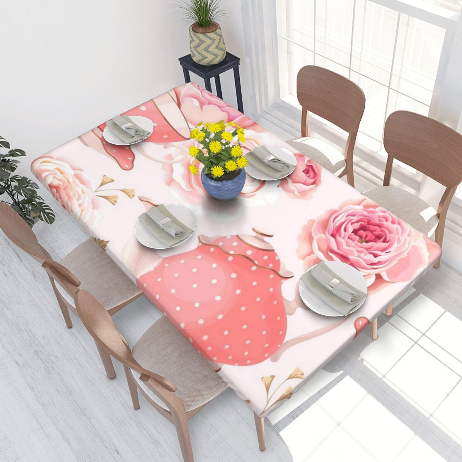BNVSADC Tea Cups with Roses Romantic Shabby Printed 4FT Tablecloth 122x76 CM Polyester Kitchen Water Resistant Table Cloth Dining Table Decoration Table Covers