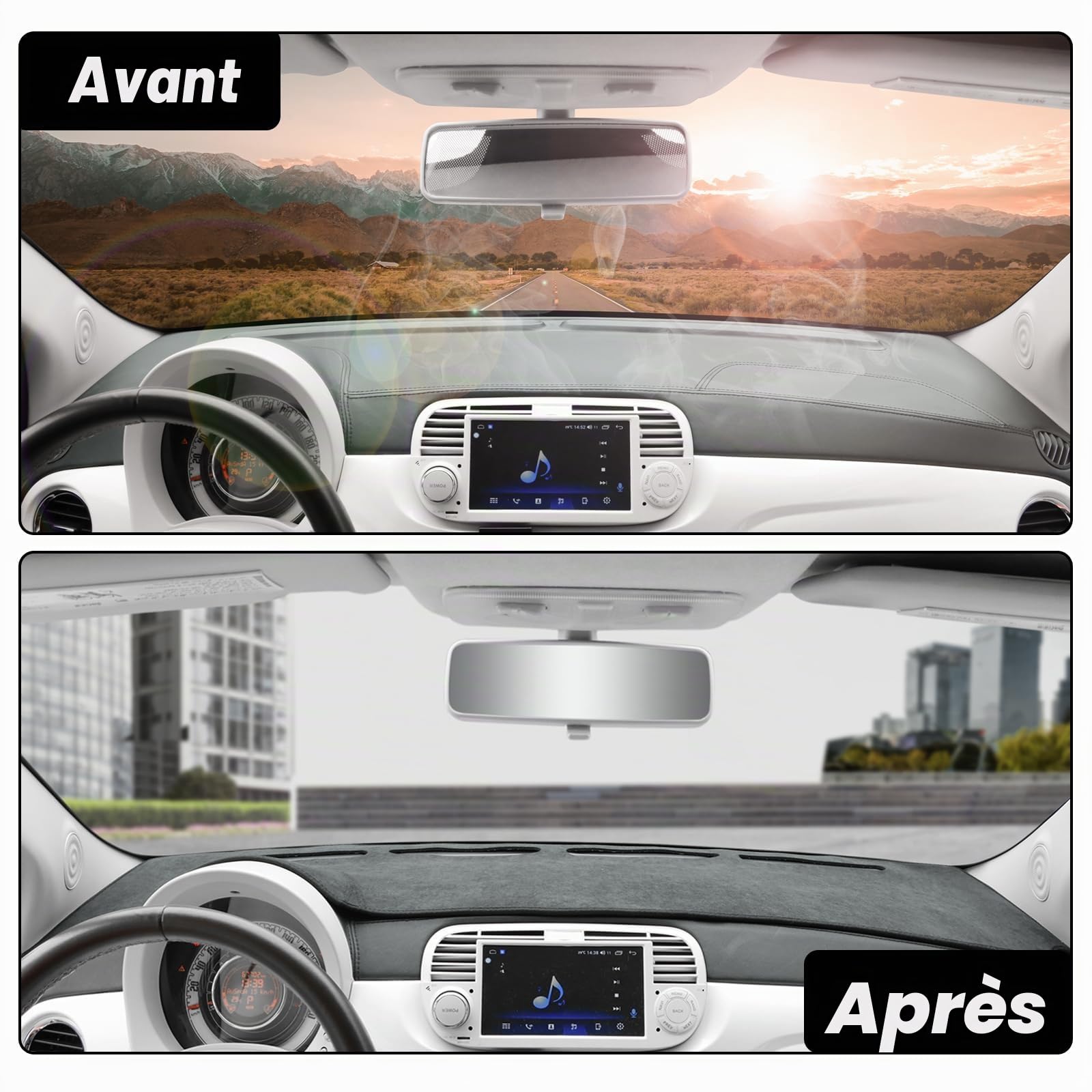 KUNKGIC Tapis de tableau de bord en flanelle Compatible avec Fiat 500 2008-2023 Pour intérieur de voiture Protection solaire Tapis de protection