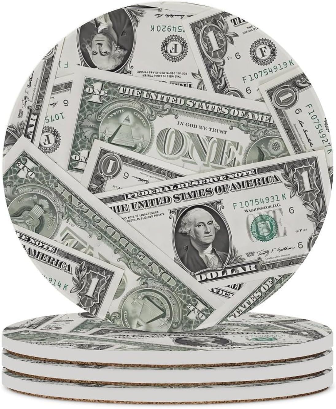 1 U.S. Dollar Round Ceramic Coasters for Drinks Absorbent Cup Holder Tabletop Protector with Cork Base