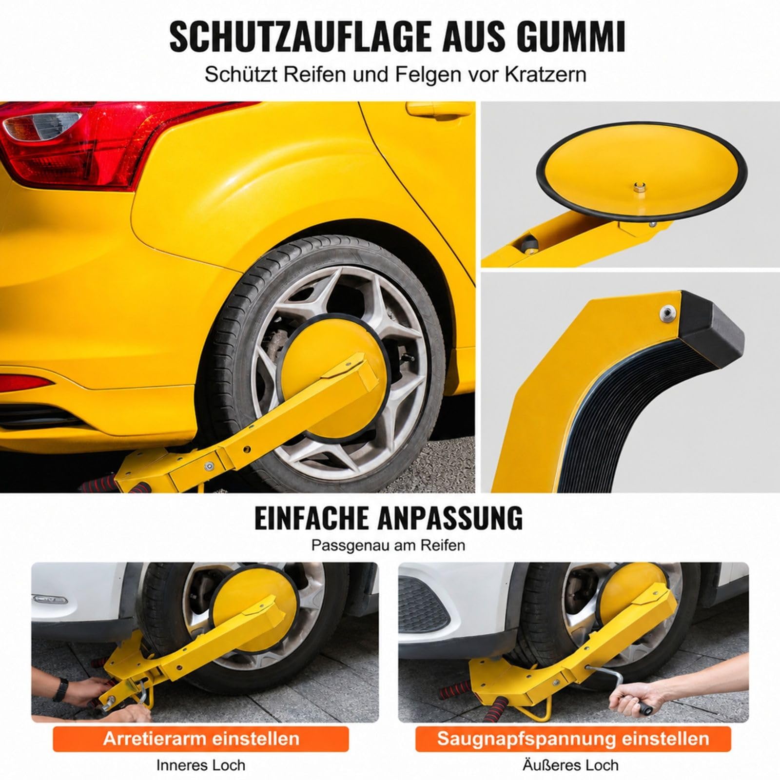 2er Set gelbe Radkrallen aus Q235 Stahl mit Saugnapf und Schlüsseln für Auto Anhänger Lkw SUV Camper Boot