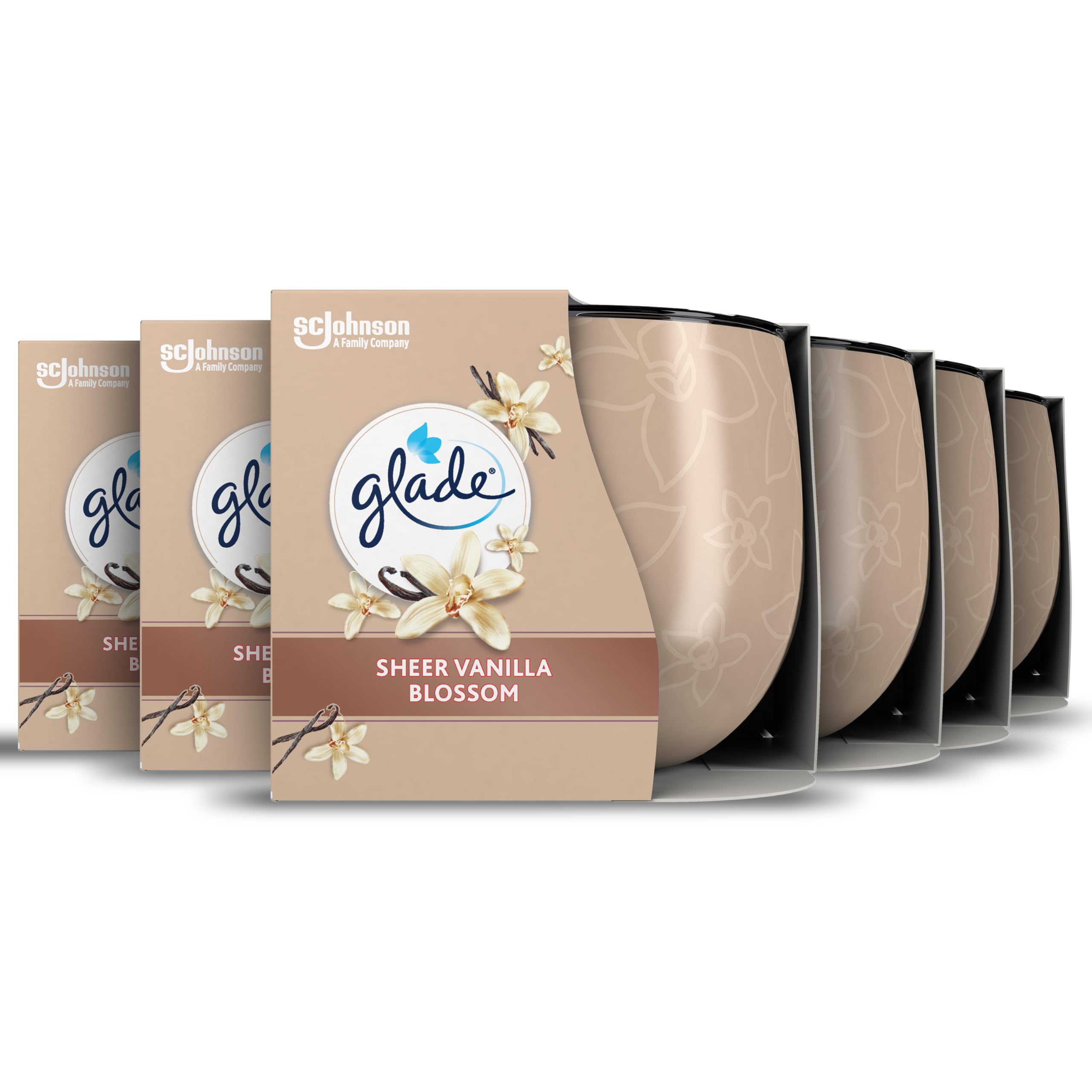 Glade Jar Candle, Scented Candle Infused with Essential Oils, Made Without Palm Oil, Up to 25 Hour Burn Time, Vanilla Blossom, Pack of 6 (6x108g)