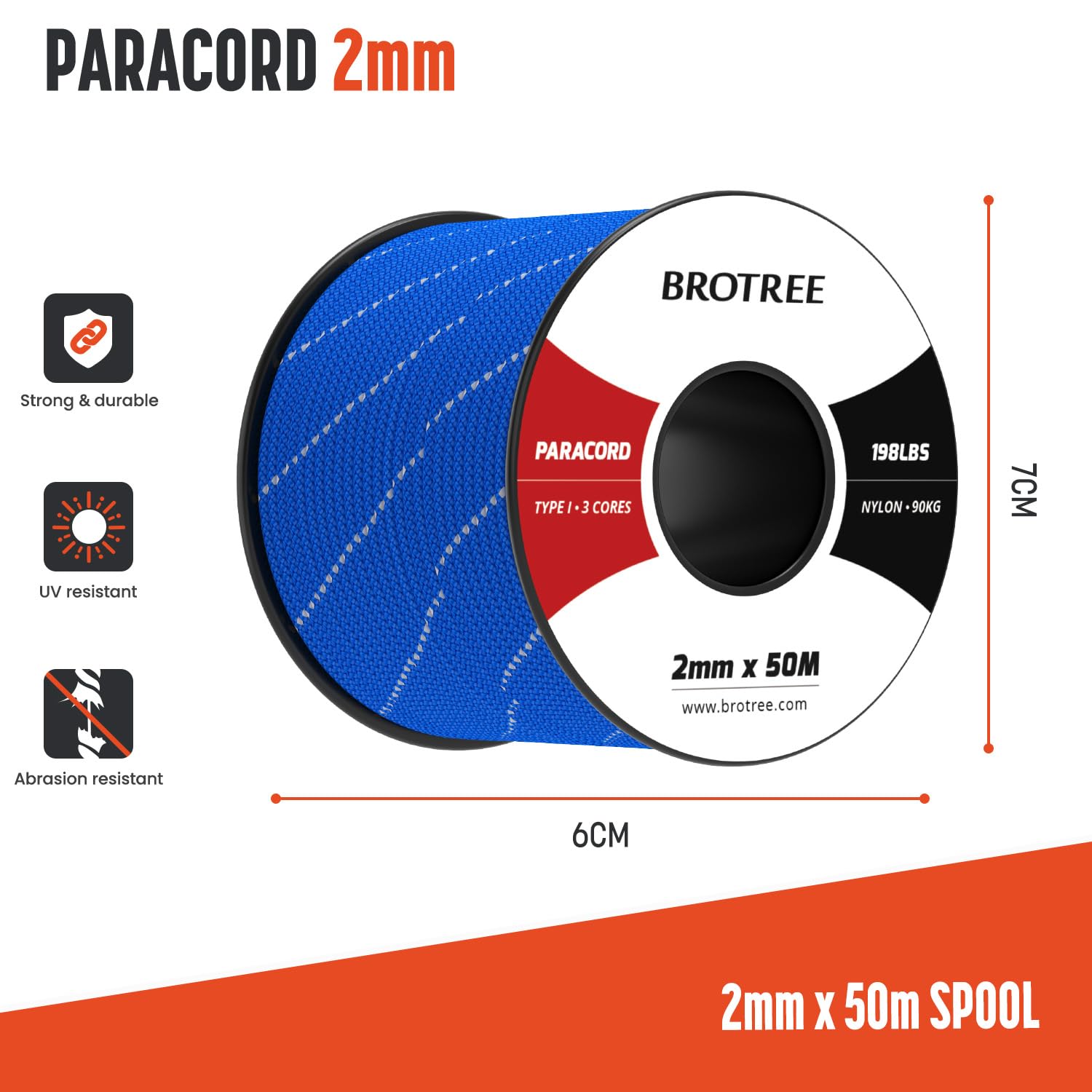 Brotree 2mm Paracord 3 Fili 50M 100% Nylon Corda da Paracadute per All'aperto, Artigianato, Fatto a Mano - 90kg Carico di Rottura (Riflettente Blu Scuro)