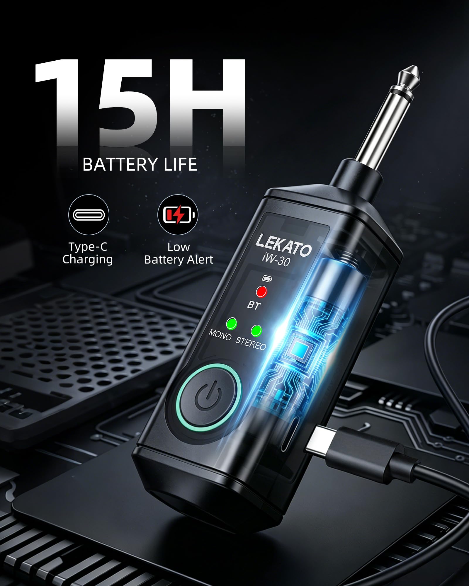 LEKATO iW-30 - Receptor Bluetooth de 6,35 mm, 2 receptores de alta fidelidad con rango de 50 m, receptor de audio inalámbrico estéreo con tiempo de reproducción de 15 horas, modo mono/estéreo