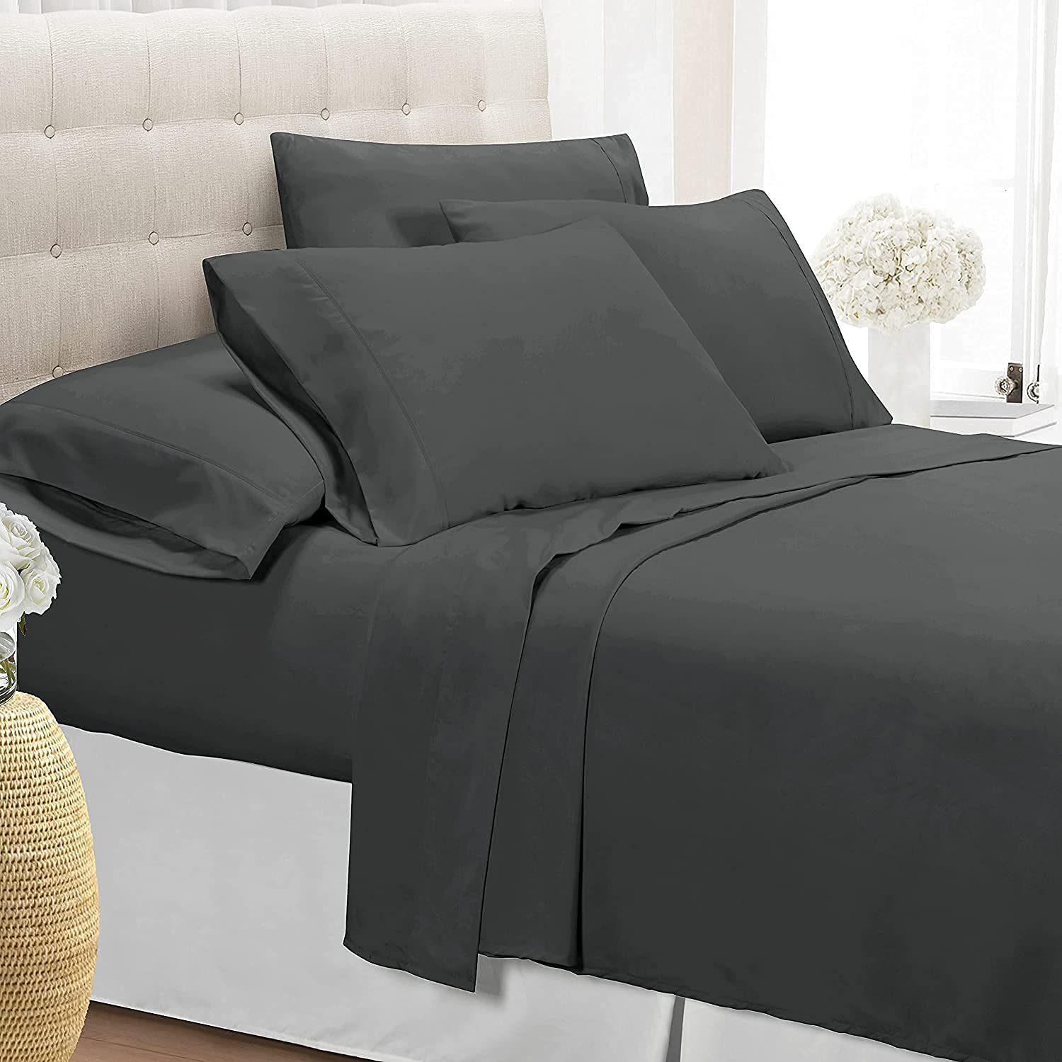 7 PCS Bed Sheet Set 100 Egyptian Cotton Queen-Grey Bedding Set Includes 1 Fitted 1 Flat 1 Bed