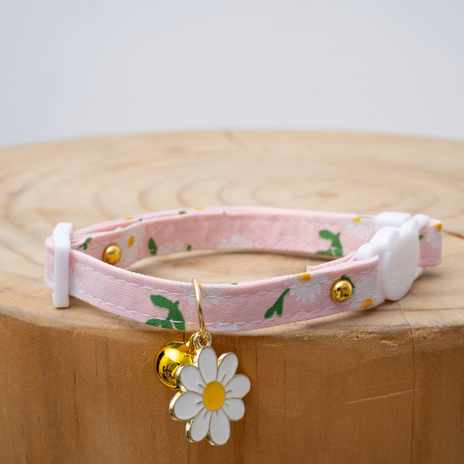 2 Pack Cotton Cat Collar with Yellow Pendant and Kitten Collar with Bell (2 Pink Flowers), 17.8-29.2 Centimètres - Image 2