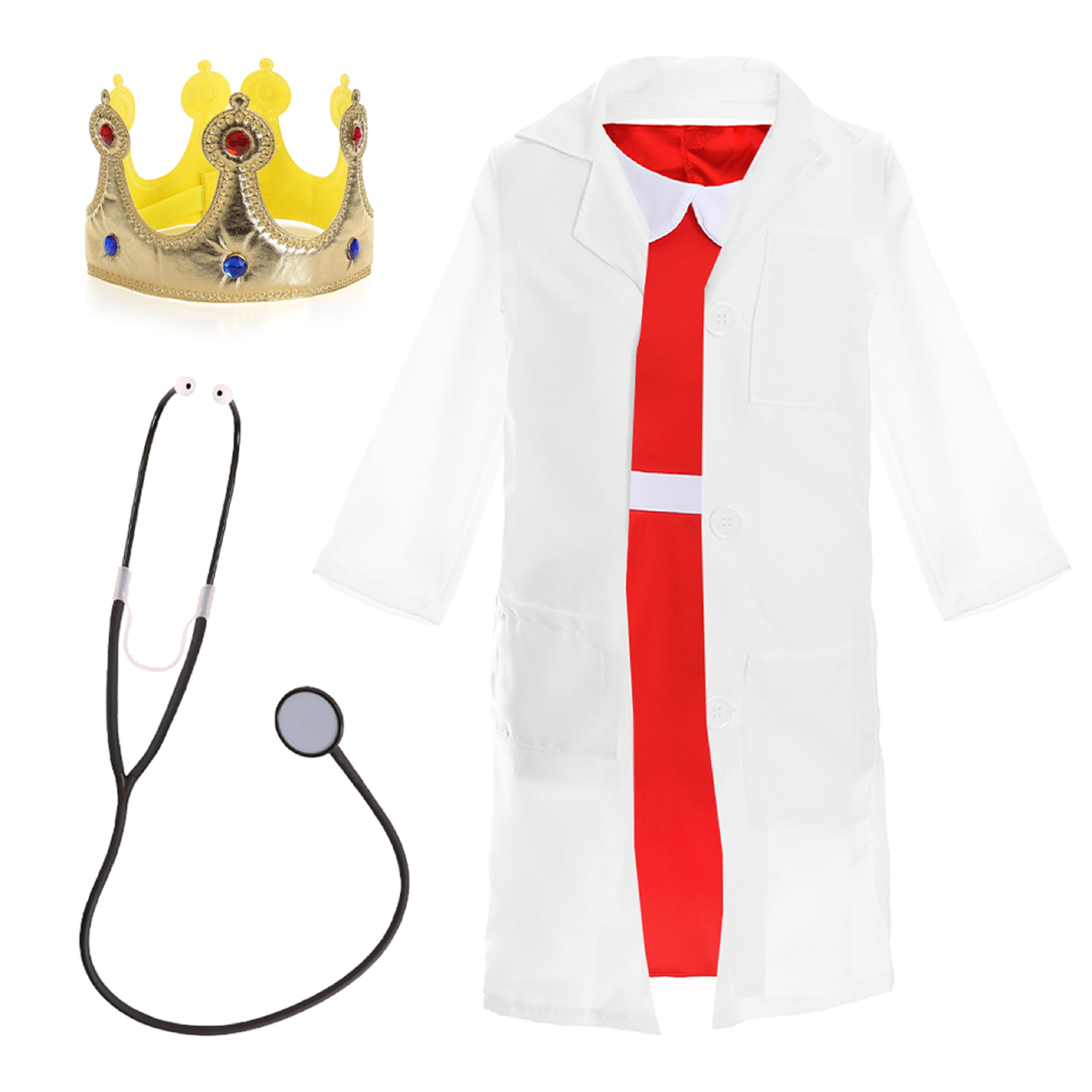 Girls Dr Princess Costume - X-Large - Red Dress with White Collar, White Lab Coat, Plastic Crown and Fake Stethoscope - Childs World Book Day Book Week Fancy Dress Costume