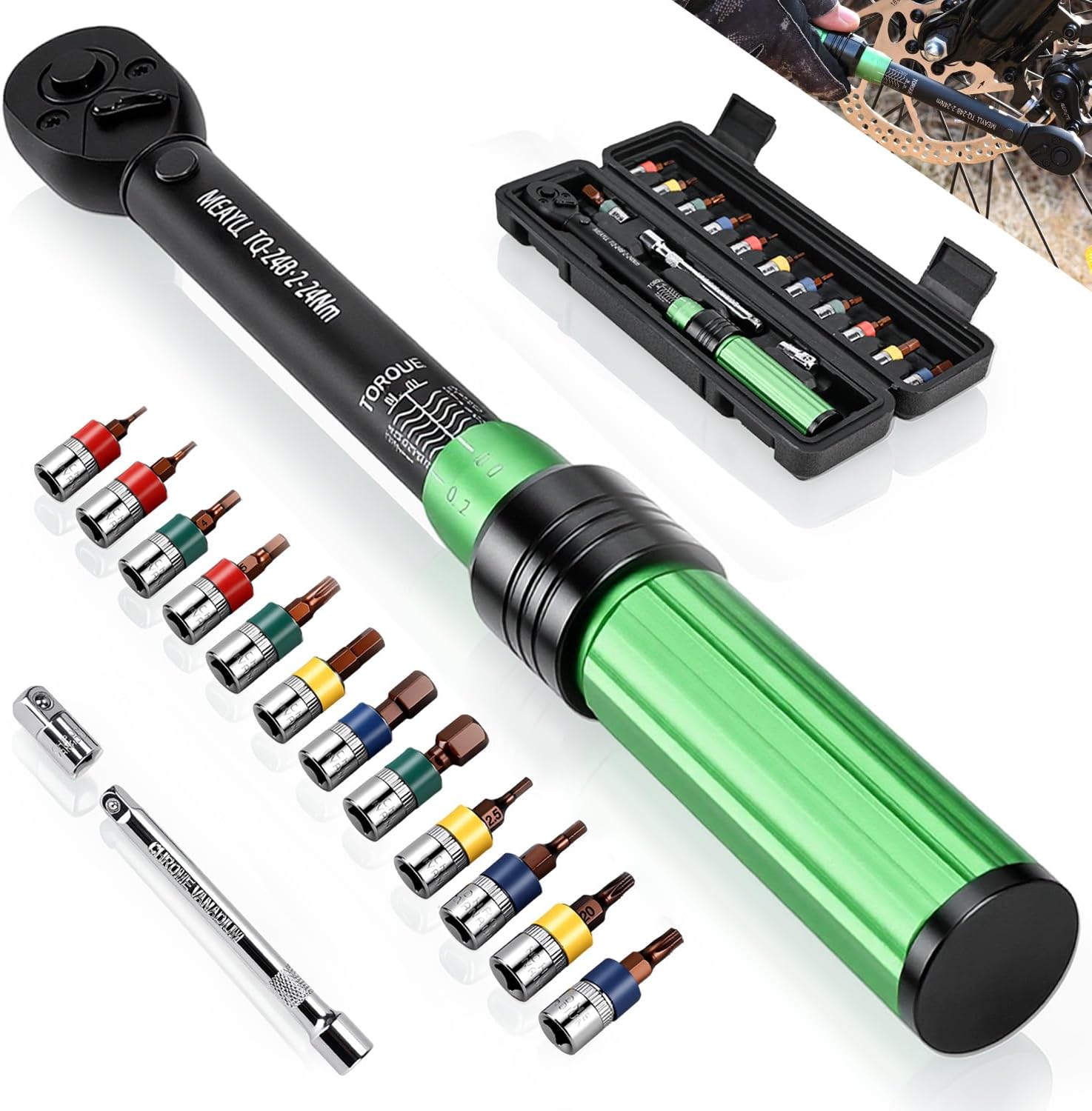 15-teiliges Fahrrad Drehmomentschlüssel Set 2–24 Nm, kleiner 1/4 Zoll Mini Drehmomentschlüssel mit ±3 % Genauigkeit, 72-Zahn Ratsche, 12 Bits, 1/4" auf 3/8" Adapter &amp; Verlängerung für MTB und E-Bike