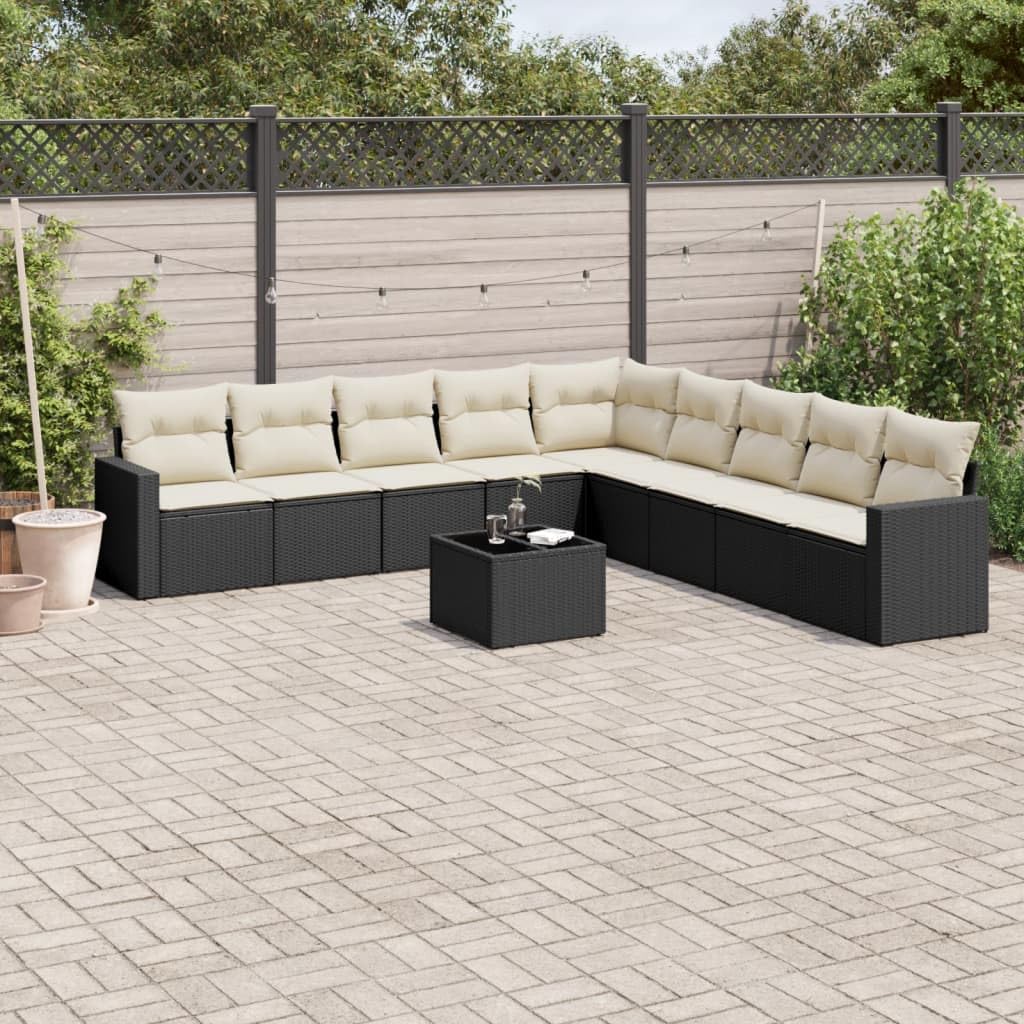 10-Piece Patio Sofa Set Black, Cream, Modular Outdoor Sectional Seating, UV-Resistant Poly Rattan Garden Furniture with Cushions