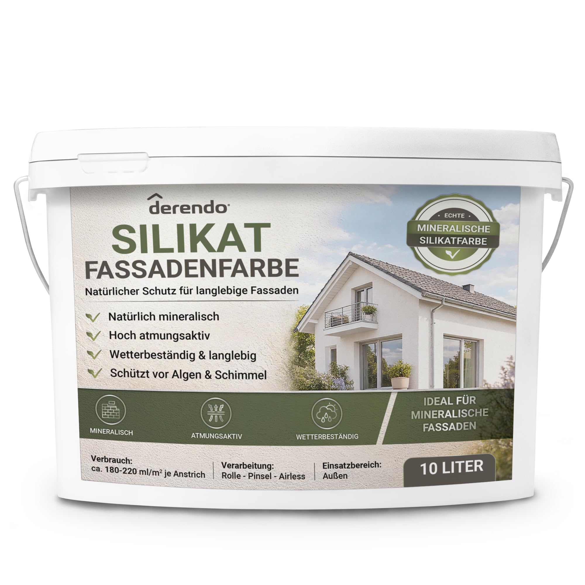 derendo Silikat Fassadenfarbe weiß matt, mineralische Silikatfarbe 10l | hoch diffusionsoffen für Putz, Beton, Mauerwerk und Altanstriche im Aussenbereich