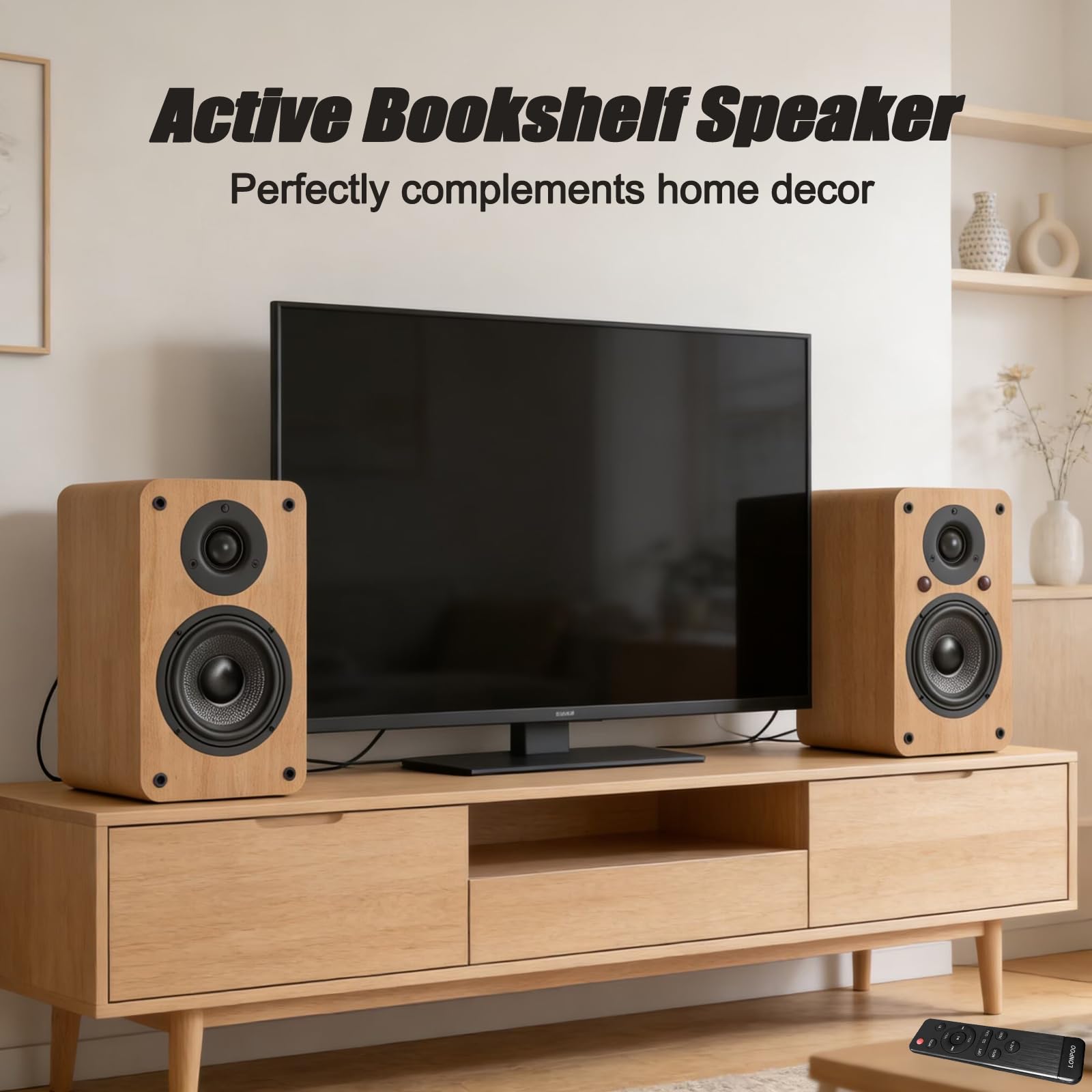 LONPOO Aktiv Regal-Lautsprecher Paar,100W RMS Aktivlautsprecher mit 4-Zoll Kohlefaser-Tieftöner, Bluetooth5.3, HDMI ARC, Optisch, Koaxial, USB, AUX-IN, Fernbedienung (LP-42X Gelb)