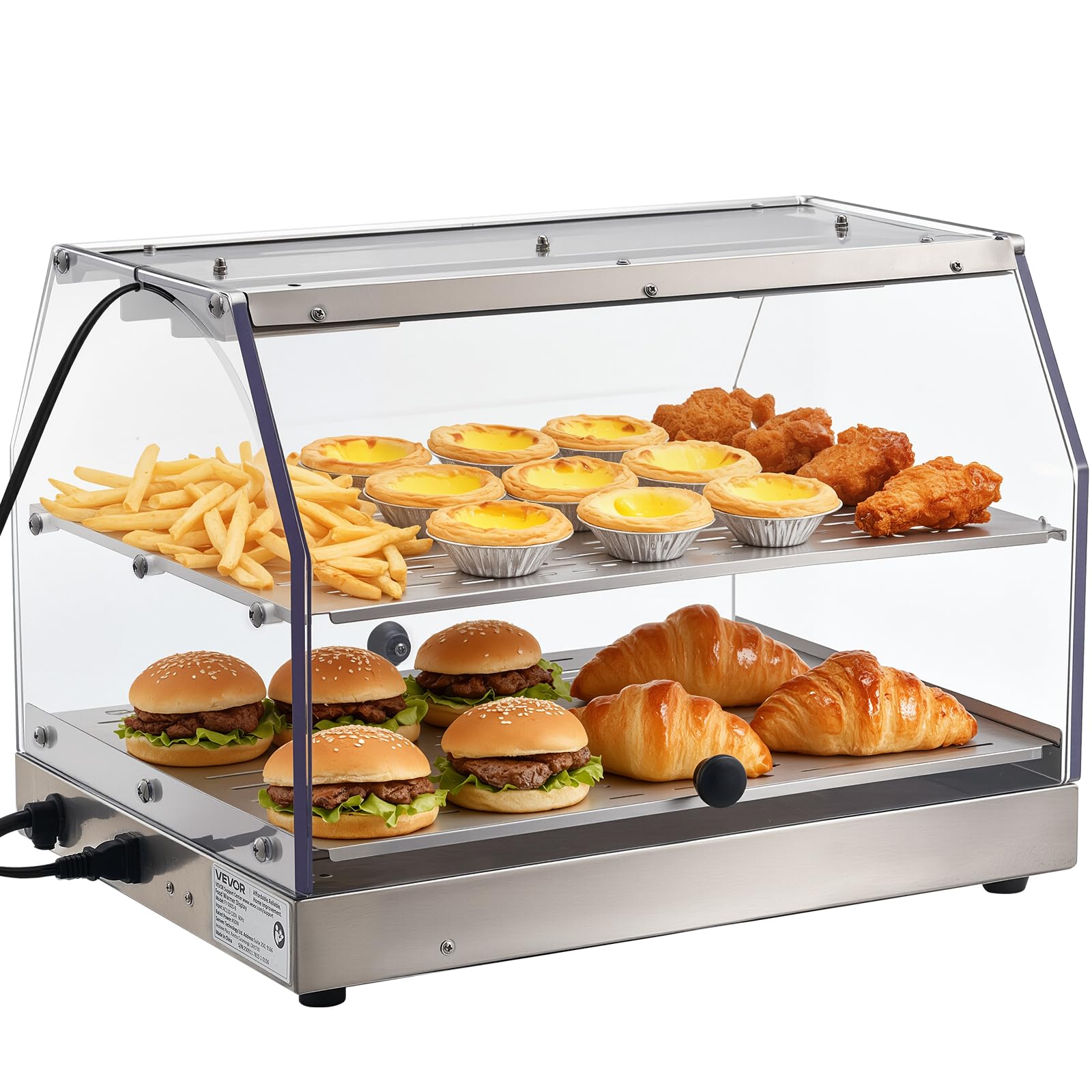 VEVOR Scaldavivande commerciale a 2 livelli, scaldavivande da 450 W con luce, ripiani staccabili e design a doppia porta, riscaldamento ad aria da 29,4 °C a 185 °C, 48 litri per hamburger, pizza, pane