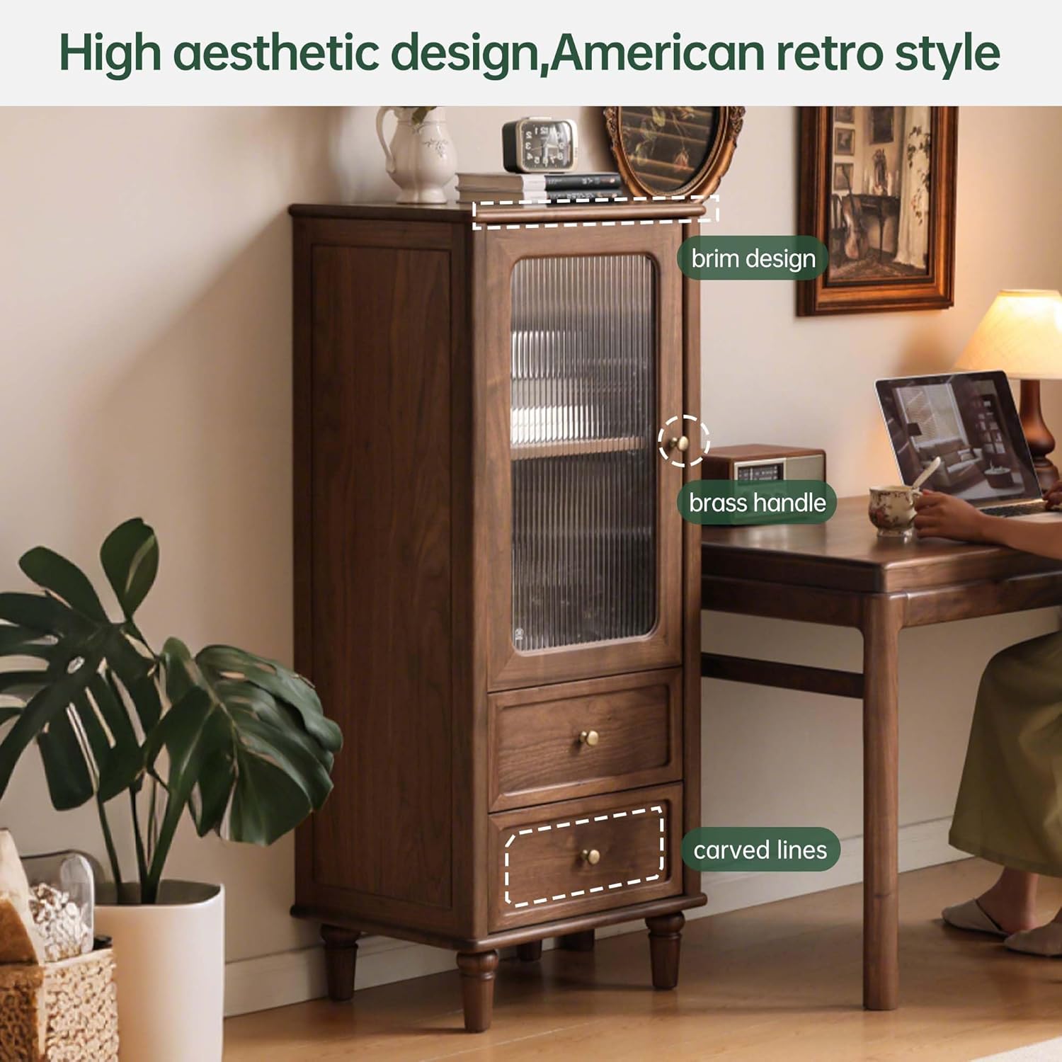 YESWOOD Solid Wood Storage Cabinet, Mid Century Modern Storage Cabinet with 2 Doors & Adjustable Shelf & Drawer, Floor Cabinet for Living Room, Dining Room(Walnut, 20.86" D x 15.74" W x 49.21" H)