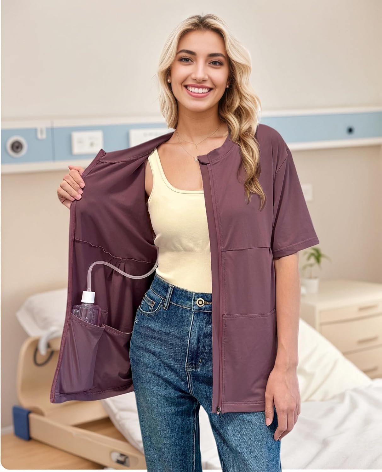 RAGEMALL Post Mastectomy Shirts with Drain Pockets Surgery Recovery Must Haves Clothing Comfy Front Zip Up Short Sleeve Tops - Image 3