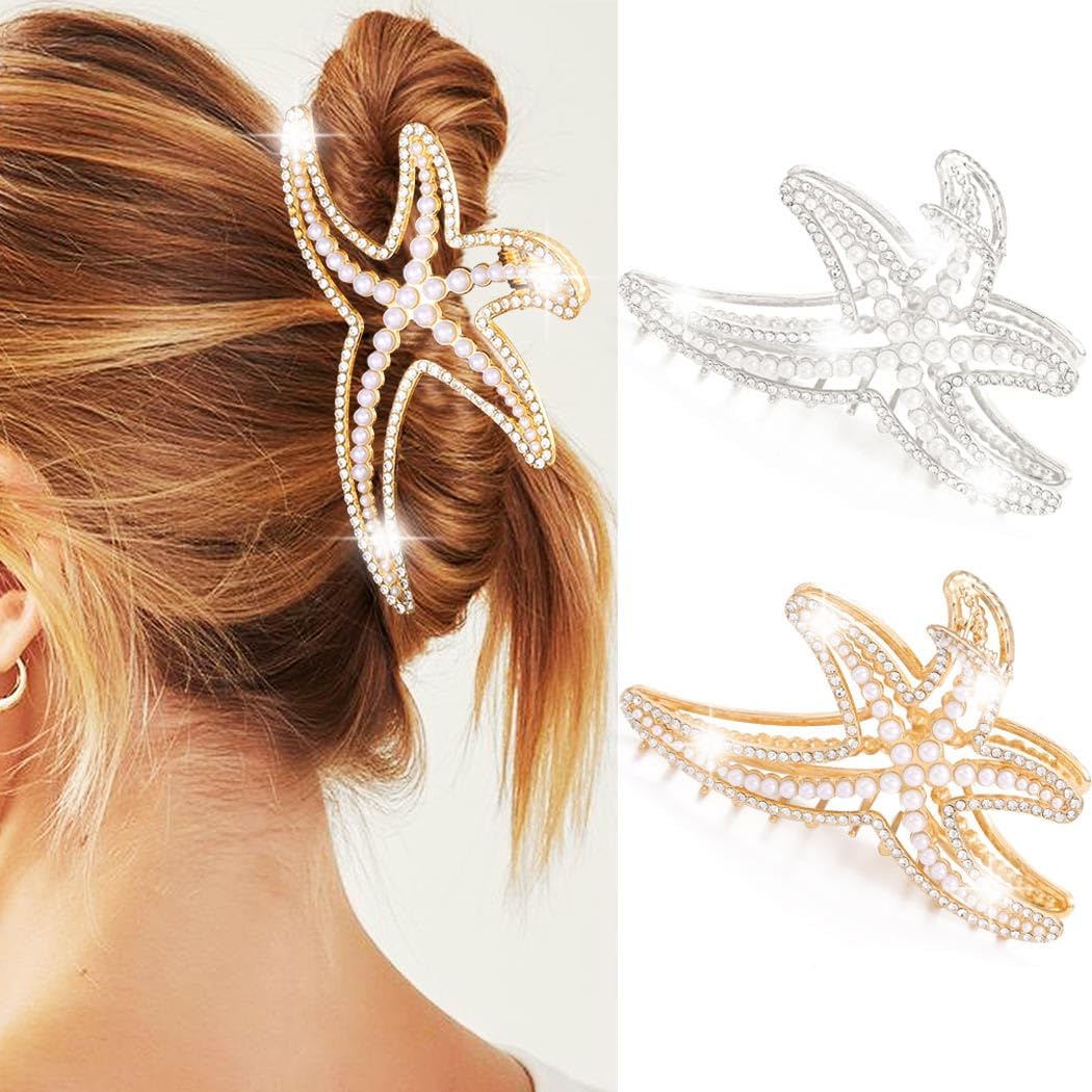 Zoestar Starfish Hair Claw Clips Pearl Hair Clip Claw Gold Metal Hair Clips Rhinestone Hair Accessories for Women and Girls (Pack of 2)