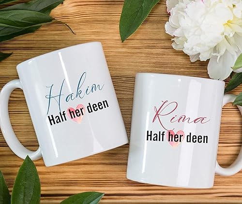 Personalised Islamic wedding gift mugs, Half her deen mugs set - Asian nikah gift - for muslim Husband and Wife