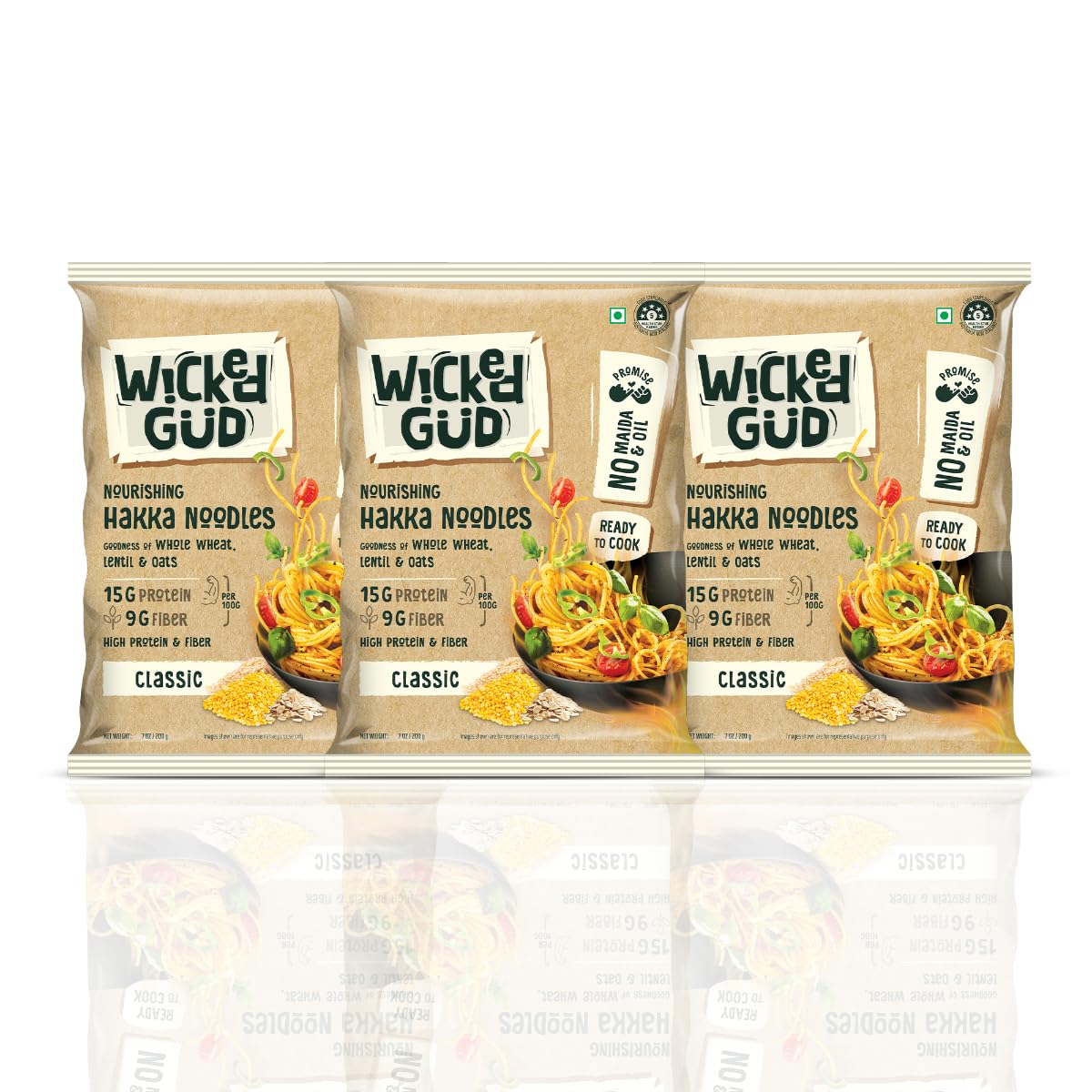 WickedGud Hakka Noodles, Pack of (200gm x 3) | Whole Wheat | Lentils | Oats | No Maida | No Oil | No MSG | High Protein | High Fibre | Cholesterol Free