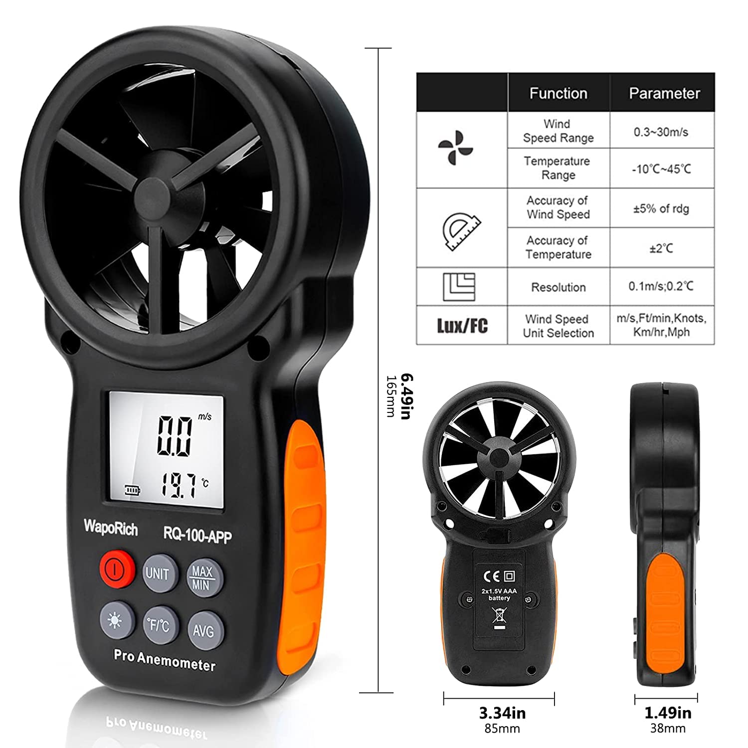 Anémomètre Bluetooth Portable, WapoRich RQ-100APP Anemometer Numérique avec Application MAX/MIN/AVG pour Frisson du Vent, Vitesse de l'Air, Température pour Tir, Surf et Activités Extérieures