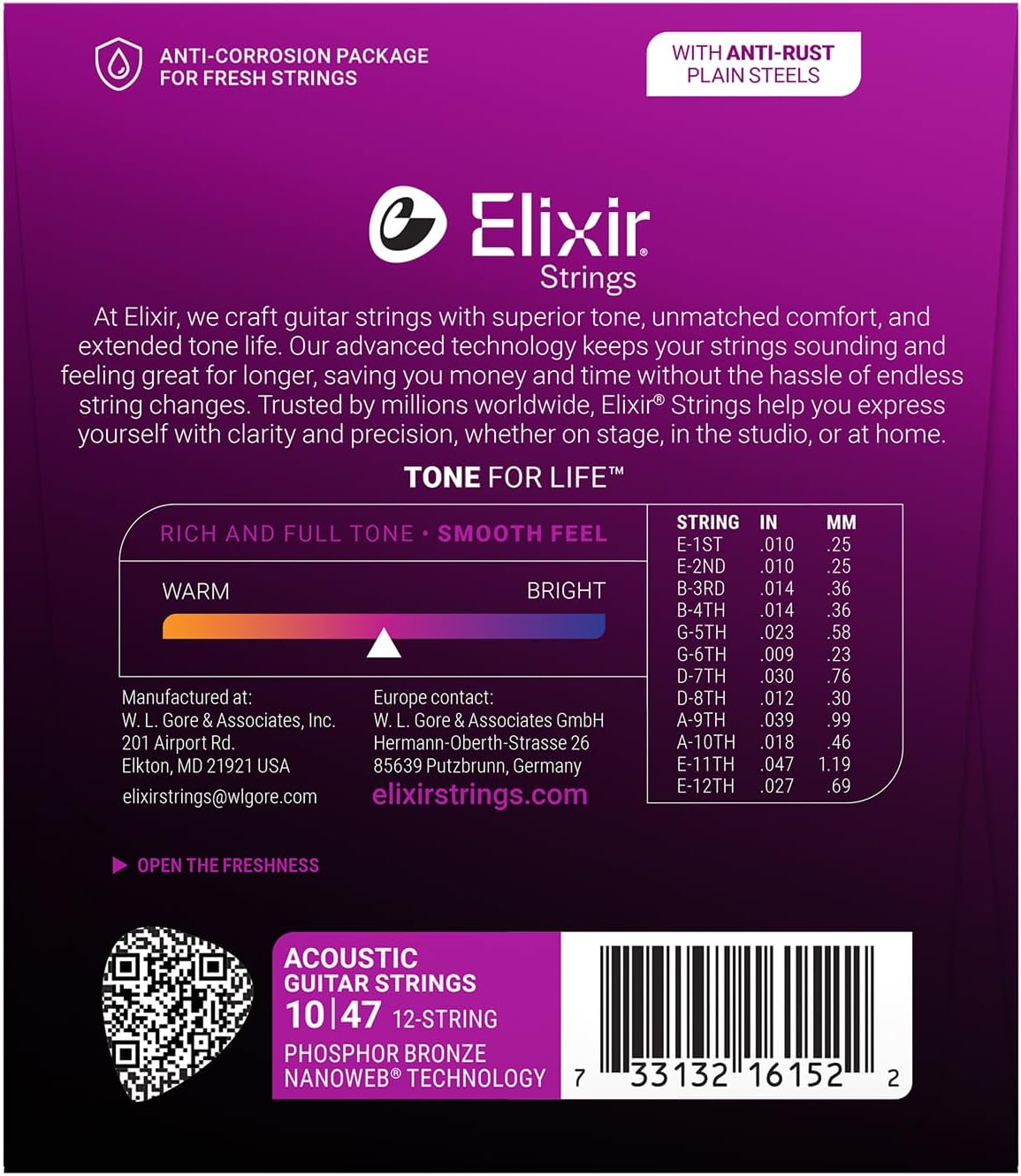 Elixir Strings, Acoustic Guitar Strings, Phosphor Bronze with NANOWEB Technology, Longest-Lasting Rich and Full Tone For Life with Comfortable Feel, 12 String Set, 12-String Light 10-47
