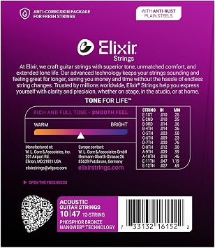Elixir 16152 Strings Phosphor Bronze 12-String Acoustic Guitar Strings w NANOWEB Coating, Light (.010-.047)
