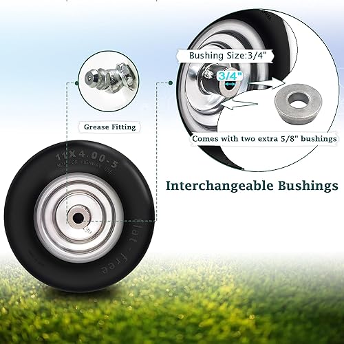 Miniatura 4 de 2Pcs Premium 11x4-5 Flat Free Tire and Wheel for Lawn Mowers & Zero Turn Mowers, with 34" & 58" Grease Bushing and 3.4"-4.8" Centered Hub, Solution