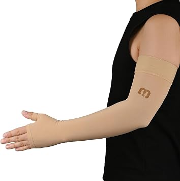 MGANG Medical Compression Arm Sleeve with Gauntlet - 15-20mmHg Graduated Full Arm Support for Lymphedema, Comfortable Arm Brace for Women Men, Edema, Arthritis, Pain Relief, Bursitis, Golf, Beige M