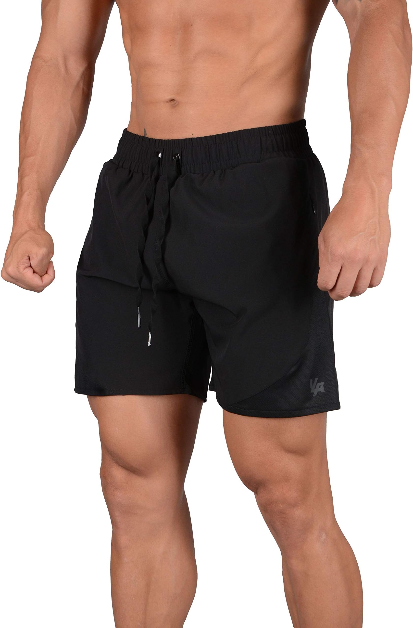 YoungLA Mens Active Running Shorts | Gym Workout Training Bodybuilding | with Zipper Pockets Drawstrings and Side Mesh | 125 All BK S