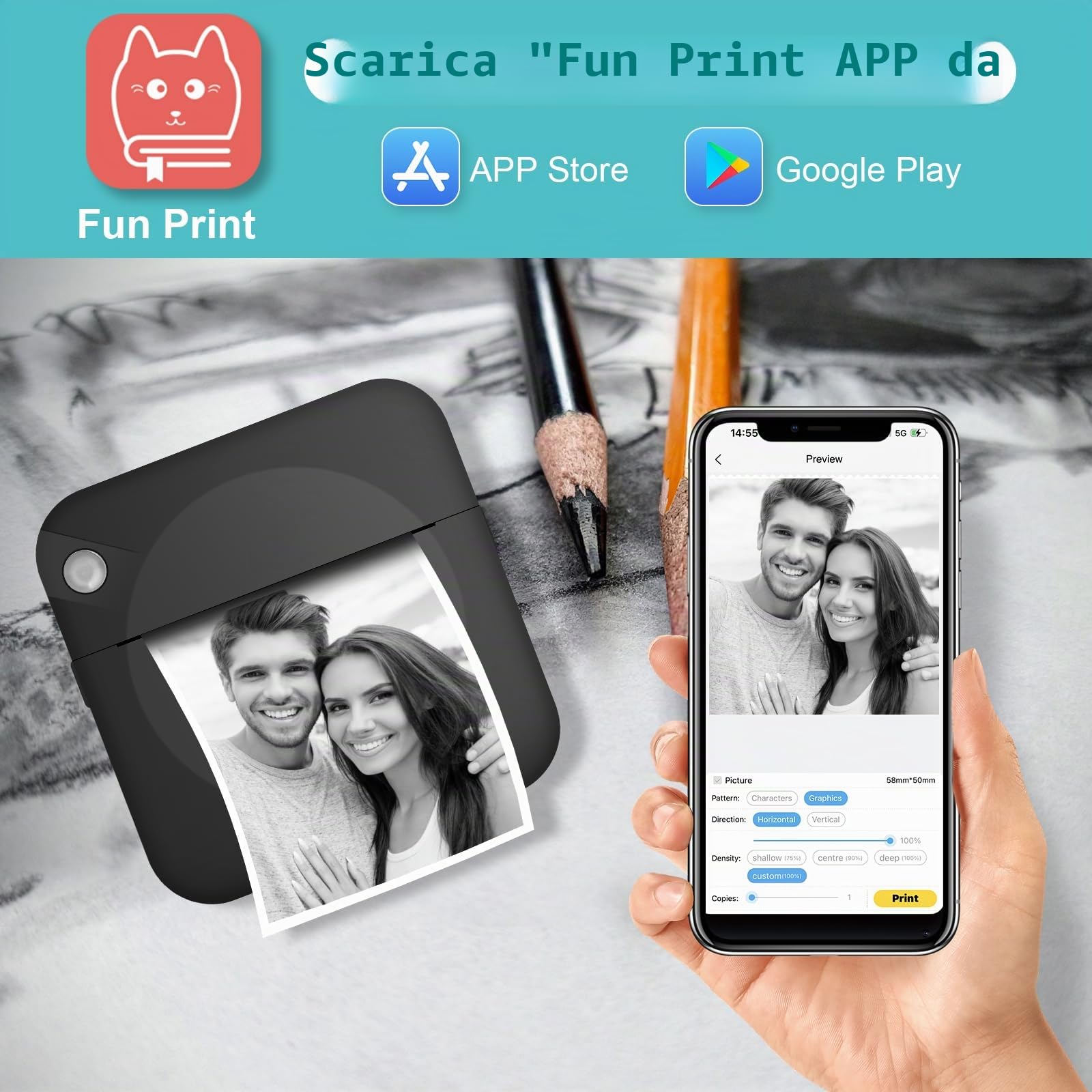 Mini Stampante Fotografica, Mini Stampante Termica,Stampante Fotografica Istantanea Portatile, Mini Stampante Termica Bluetooth con Ricarica USB Stampante, per Fotografica, Note, Diario, Elenco (Nero)
