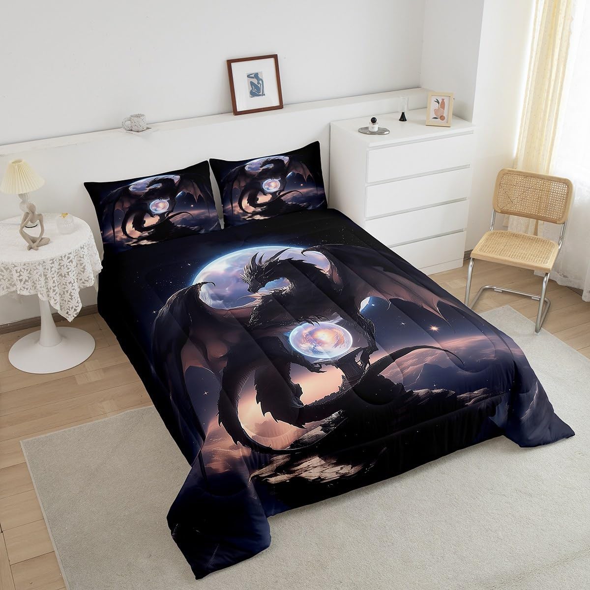 Erosebridal Purple Dragon Kids Bedding | Galaxy Moon Queen Comforter Sets,Dreamy Animal Comforter Fantasy Dragon Duvet Insert with 2 Pillow Cases