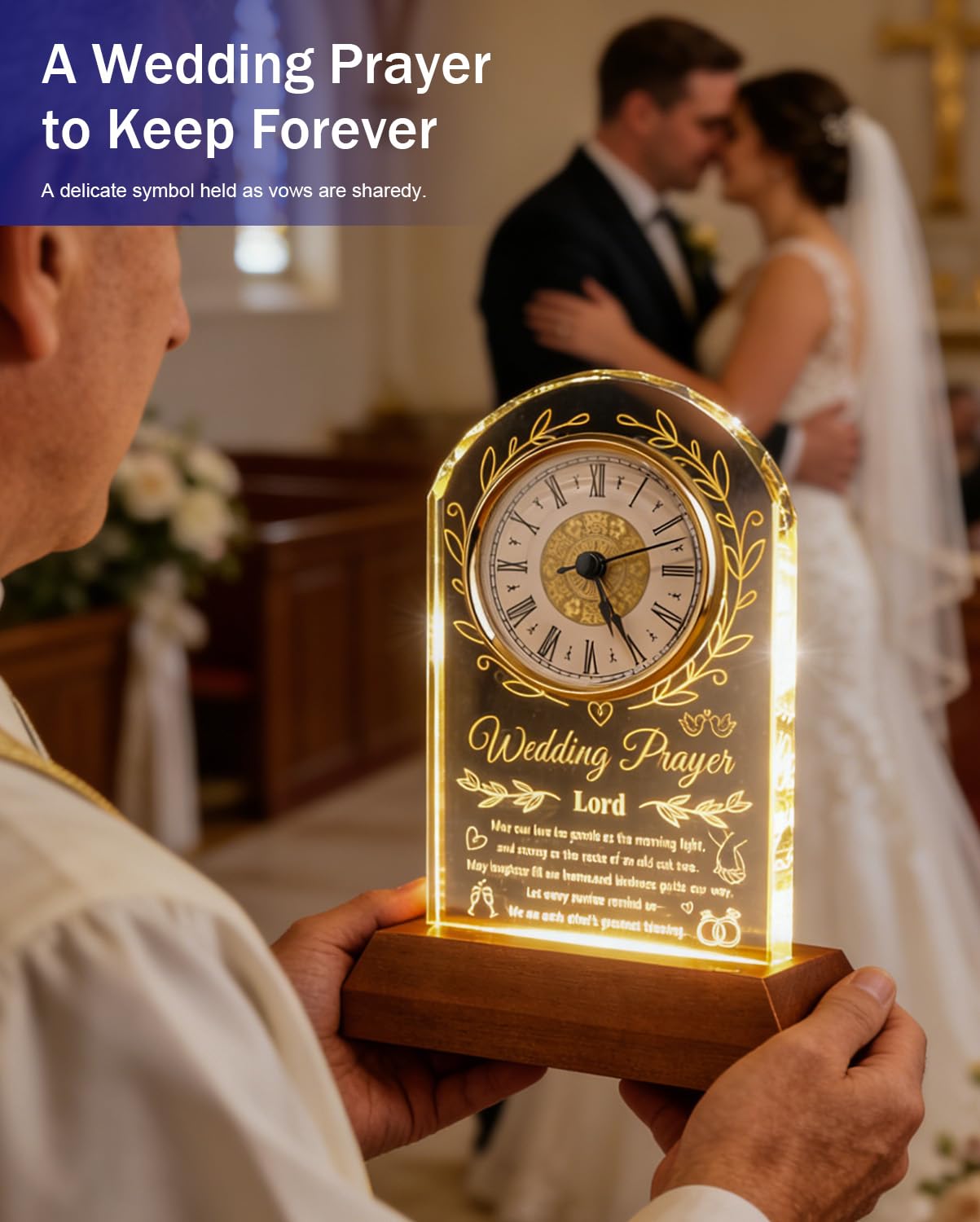 Reloj de cristal para parejas 2026 con base de luz de madera, regalo de matrimonio de feliz aniversario, regalo único de compromiso para recién casados, señor y señora