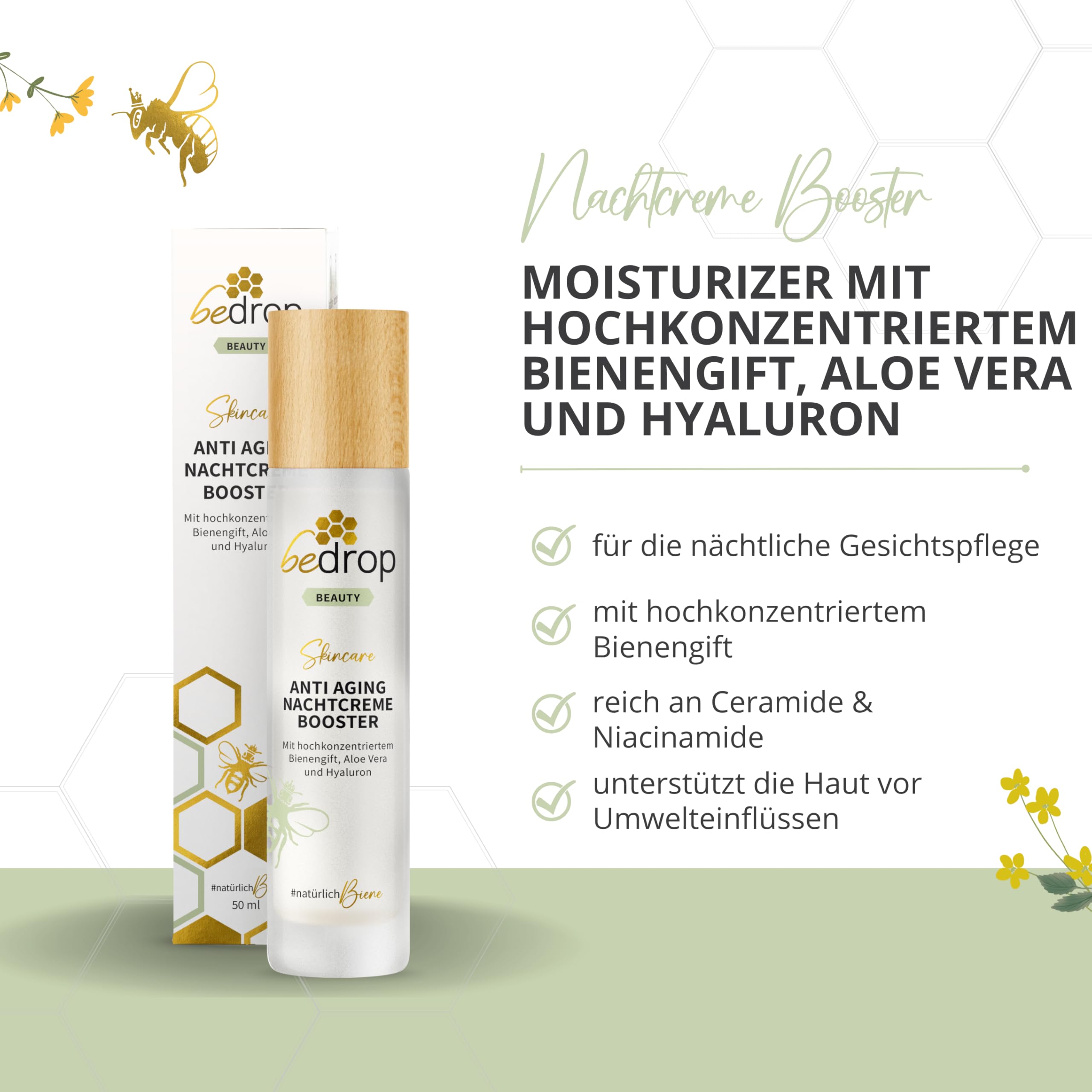 bedrop Anti-Aging Nachtcreme BOOSTER regenerierende Nachtpflege mit Bienengift, Aloe Vera, Hyaluron, Jojobaöl, Vitamin C und Arginin zur Faltenminderung - 50ml (3x 50ml Sparset)
