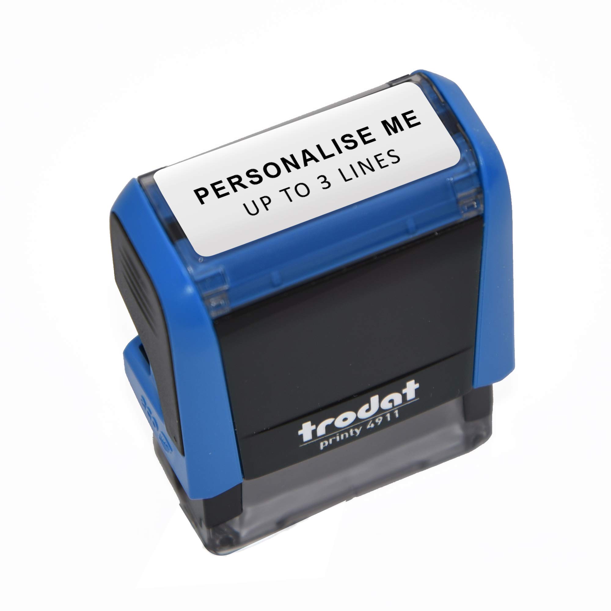 Trodat Blue Printy 4911 Personalised Custom Office, Business and Teacher Stamp – Allows Up to 3 Lines of Text – Impression Size 37 x 11 mm – Self-Inking with 3 Ink Pad Colours to Choose from