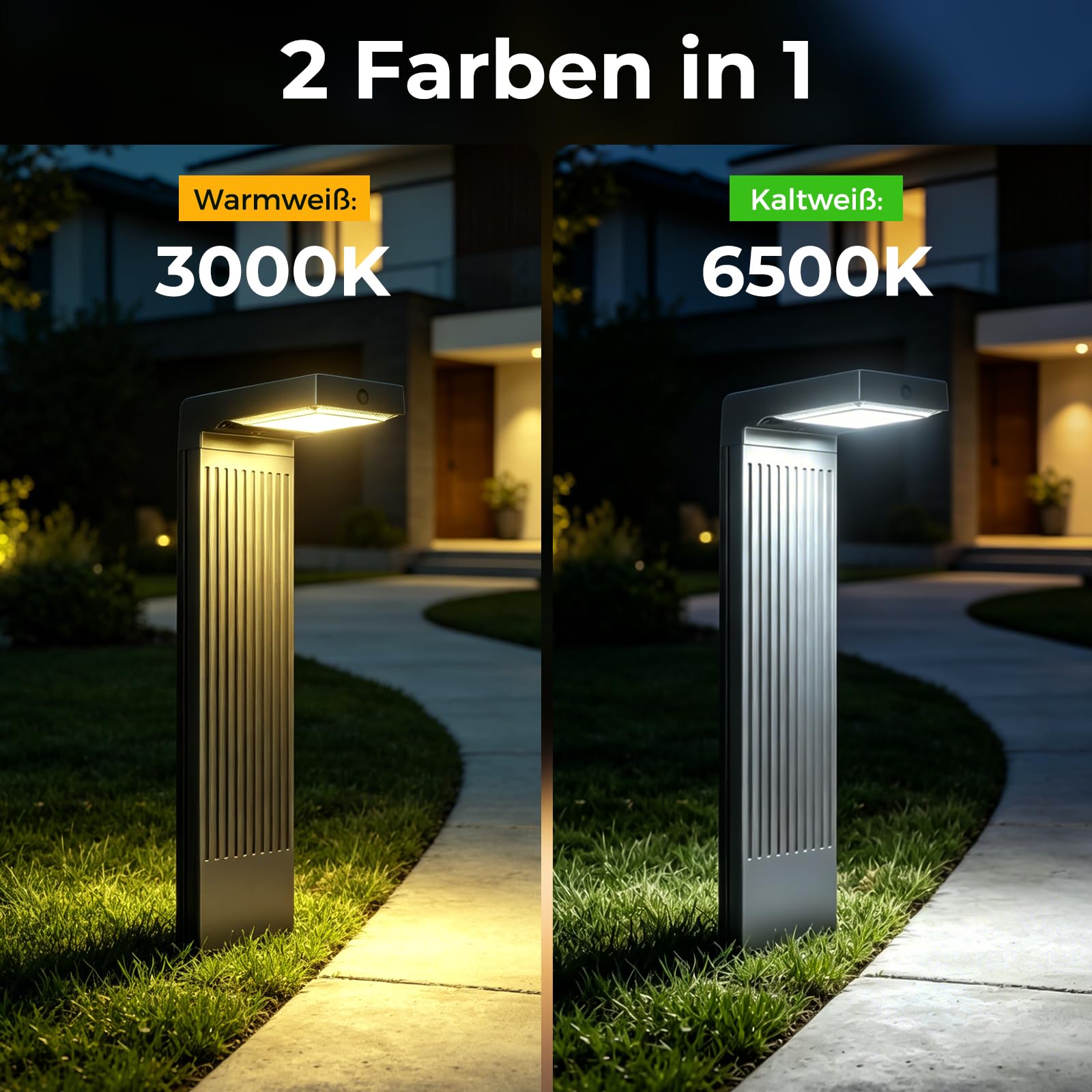 Solarlampen für Außen 4 Stück, 400LM Garten Solarleuchten mit Bewegungsmelder, 2-Phasen-Farbwechsel (3000K/6500K) LED, IP65 wasserdicht für Hof, Einfahrt & Wege