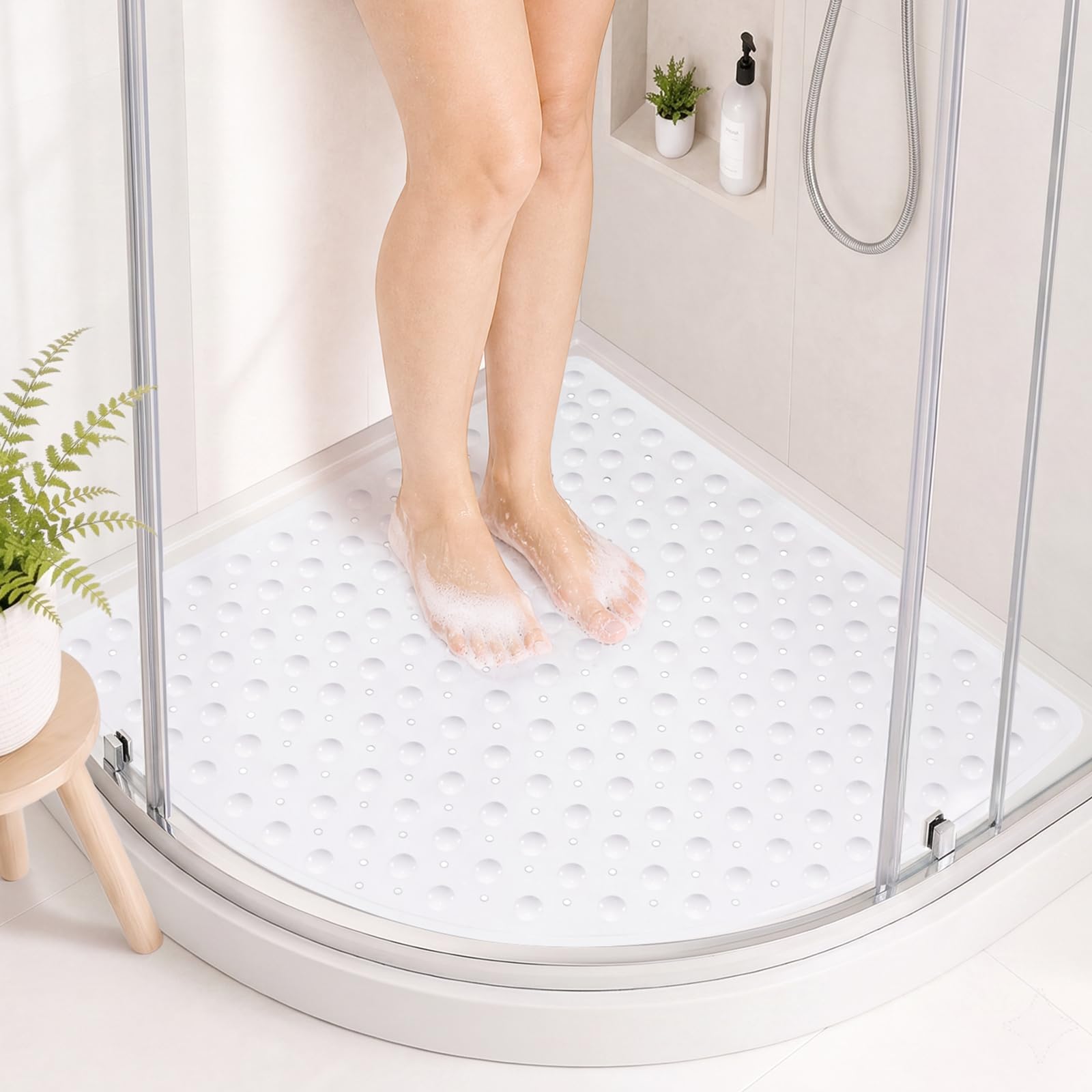 Venuso Corner Shower Mat Non Slip Anti Mould, 70 x 70 cm Quadrant Shower Mat with Suction Cups and Drain Holes, Shower Mat for Inside Shower, Shower Tray and Wet Room, White