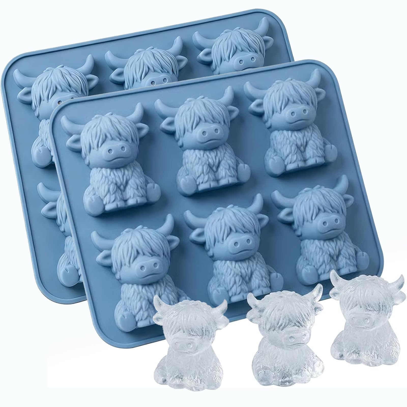 3D Highland Cow Ice Cube Mold,Mini Highland Cow Ice Cube Tray,Cute Cows Shaped Silicone Ice Cube Tray,Silicone Animal Ice Cube Mold Tray for Whiskey,Cocktails,Chocolate,Candy,Homemade Treats (2Pcs)