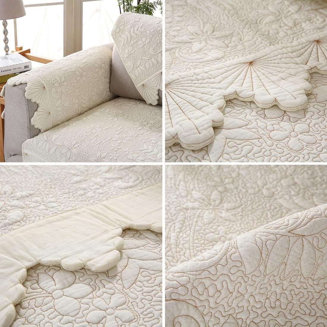 vctops Solid Cotton Embroidered Sofa Couch Cover Non Slip Floral and Leaf Pattern Sectional Couch Covers Non Slip Sofa Slipcover for Dogs, Children, Pets Furniture Protector (Cream,36"x47")