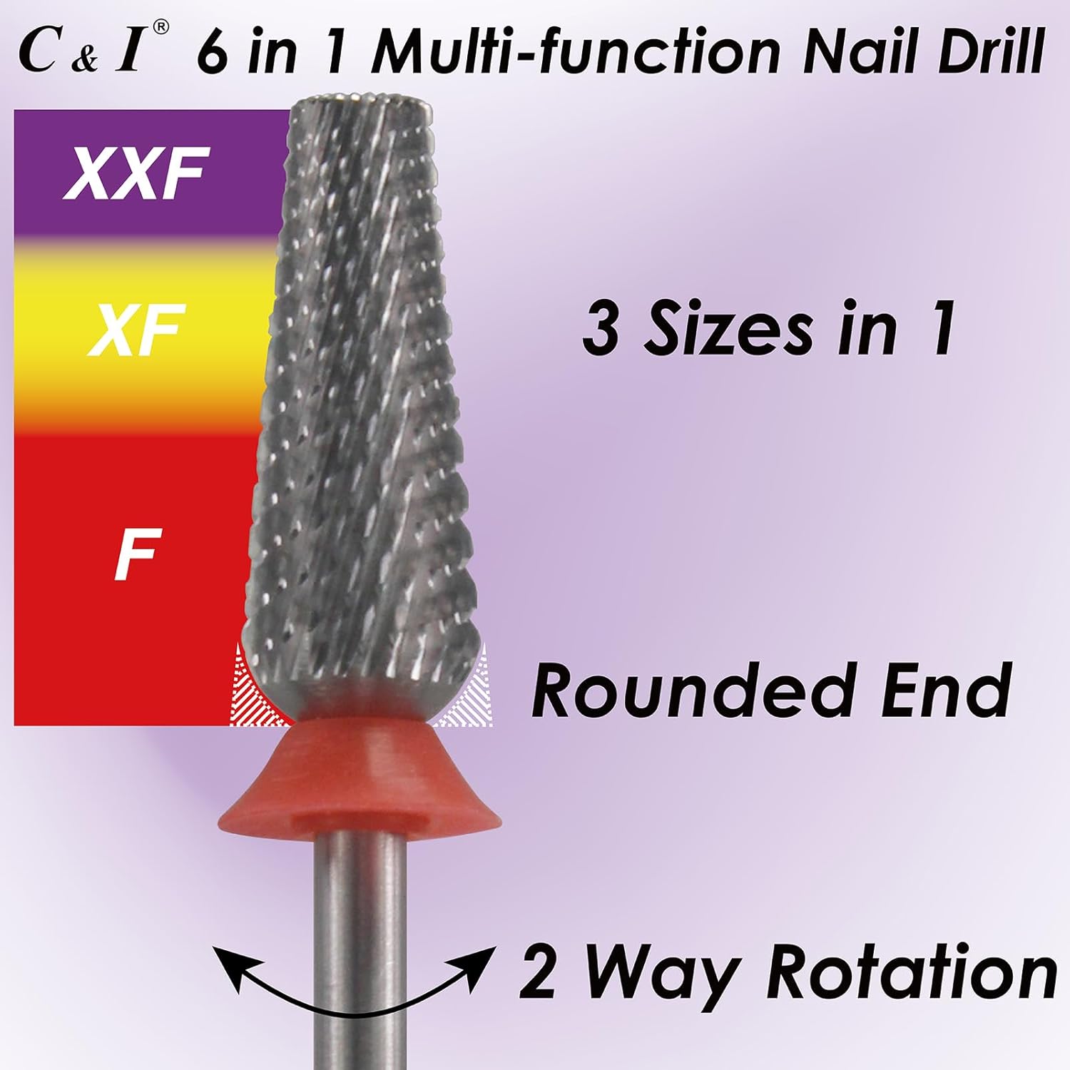 C & I Nail Drill Bit 6 in 1 Multi-function Rounded End E File, Tungsten Steel CNC Overall Cutting, Manicure Tool for Nail Tech Quick Remove Nail Gels, Acrylic Nails (Original, Fine -F)