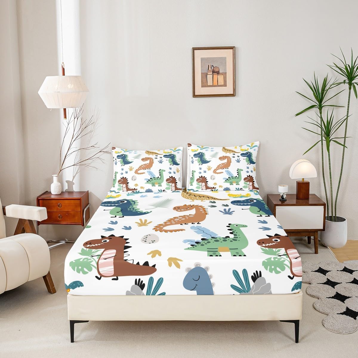 Feelyou Cartoon Dinosaur Kids Sheet Set - Cute Dino Bed Sheets for Boys Teens Decor - Wildlife Jungle Animal Bedding With Deep Pocket Fitted Sheet - Tropical Leaves Bedroom Set