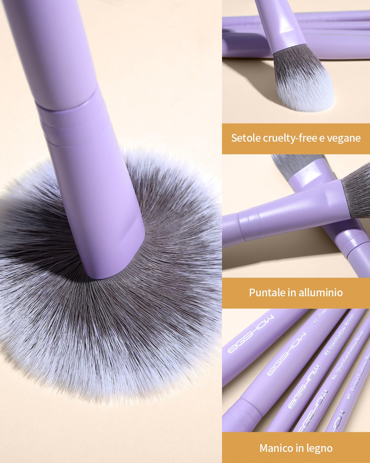 EIGSHOW Set di 5 pennelli da trucco con setole infuse agli ioni d'argento, pennelli da trucco professionali essenziali per il viso completo, per cipria, fondotinta, ombretto, eyeliner, correttore