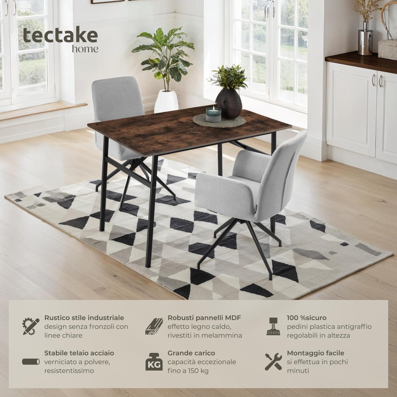 tectake® Tavolo da Pranzo - 120 x 75 x 76 cm - Tavolo per Casa e Cucina Moderno, Banco da Lavoro Salvaspazio per Soggiorno, Arredamento Casa - Legno Industriale Scuro