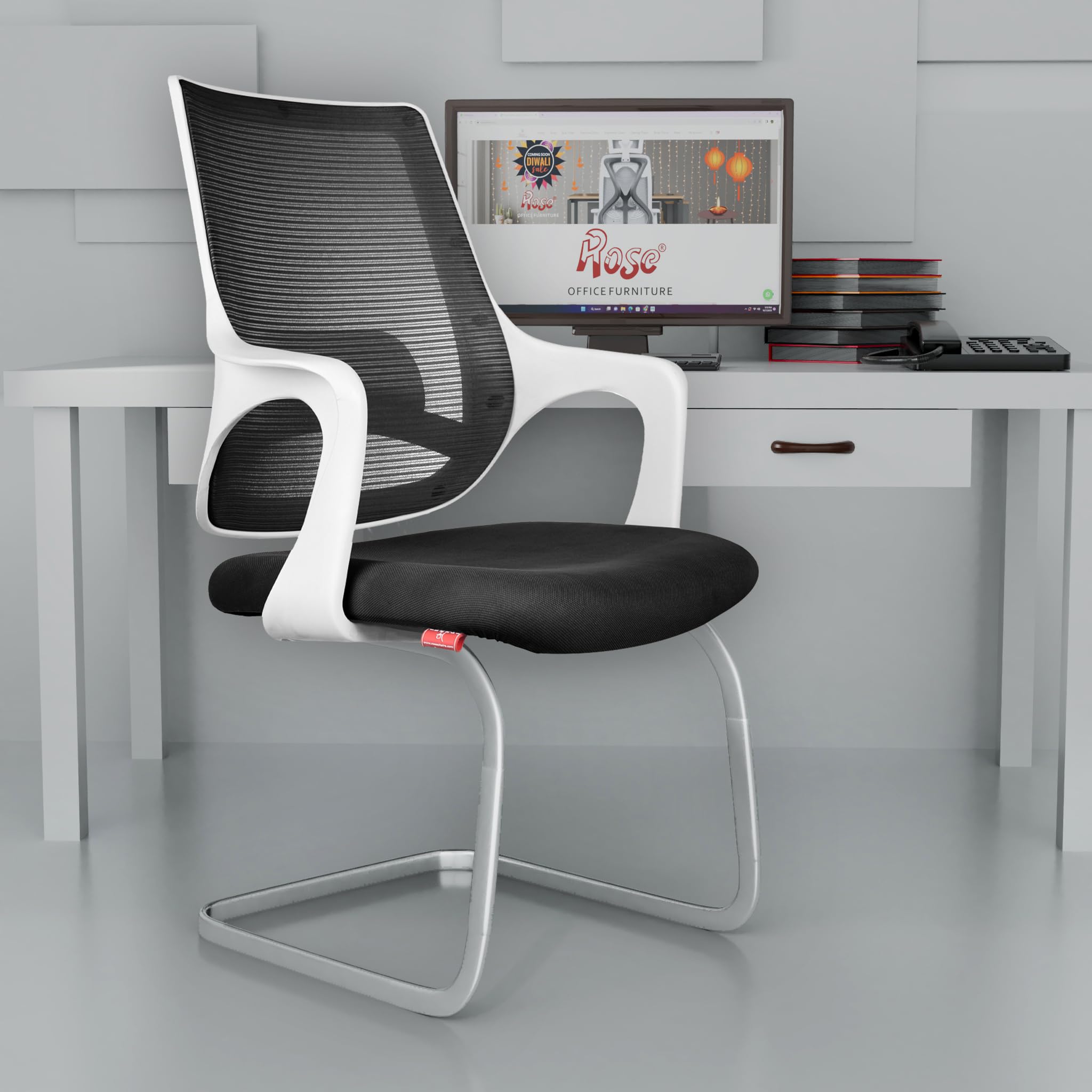 ROSE® Mono | 3 Years Brand Warranty | Visitor Chair, Fixed, Reception, Conference, Meeting, Waiting, Guest Seating, Office Lobby, Non-Revolving, Steel Frame (White & Black)