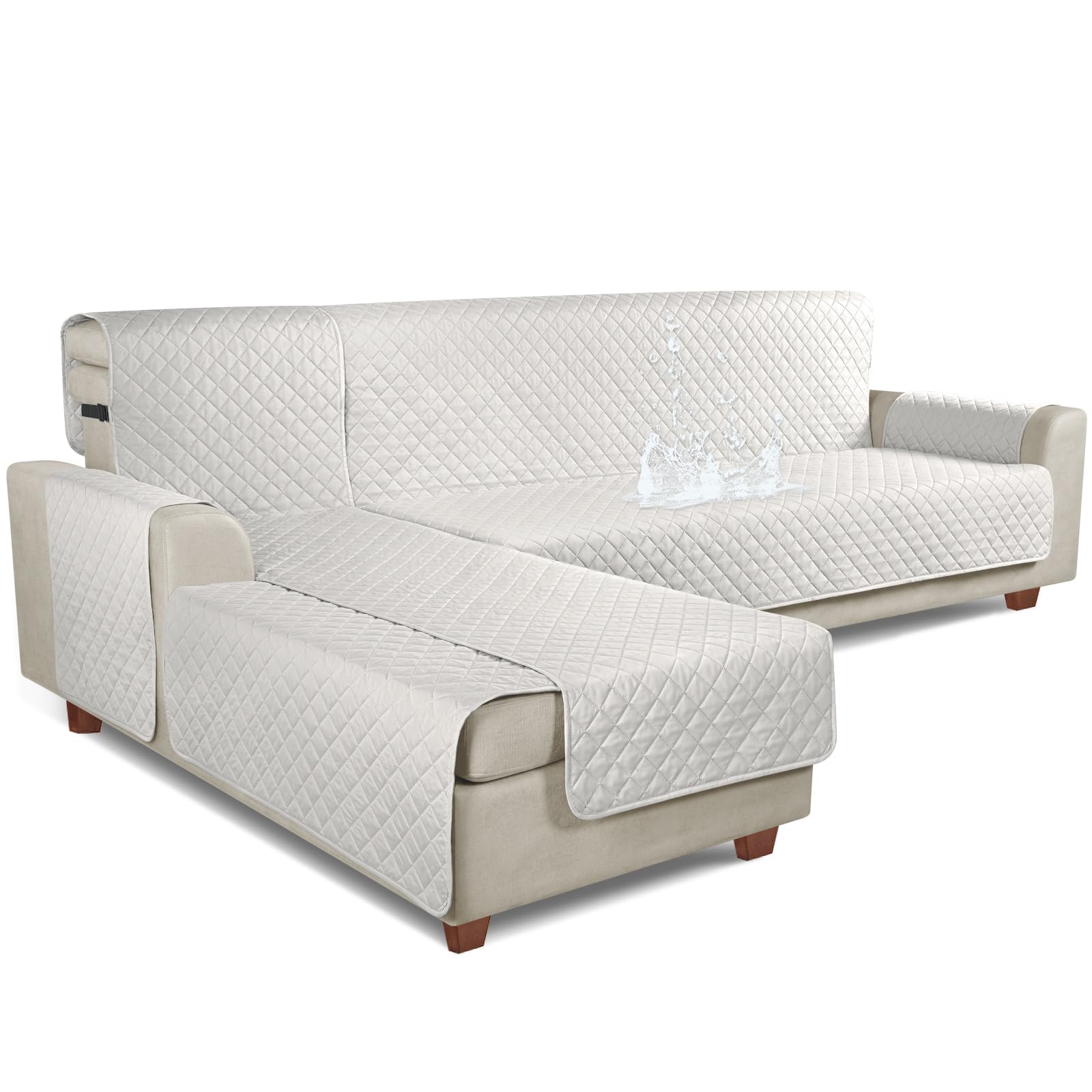 KinCam 100% Waterproof Sectional Couch Covers, Reversible L Shaped Sofa Covers 3pcs Sofa Slipcovers for Sectional Chaise Slipcover for Pets Kids (XLarge, Beige)