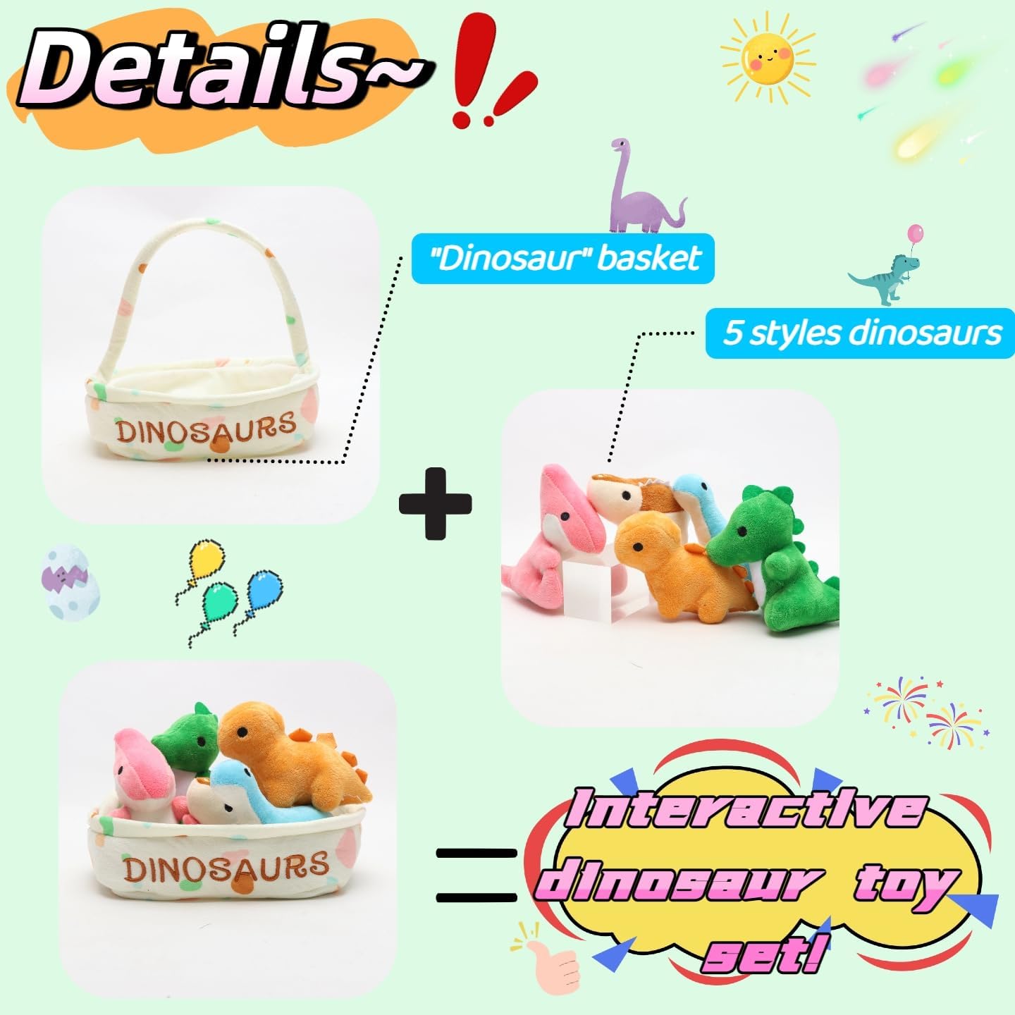 Dinosaur Plush Toy Set, 5pcs Soft Stuffed Dino Toys in Basket, 7.87in Interactive Plush Animal Figures – Birthday, Christmas, Kids Gift for Boys & Girls, Room Decor