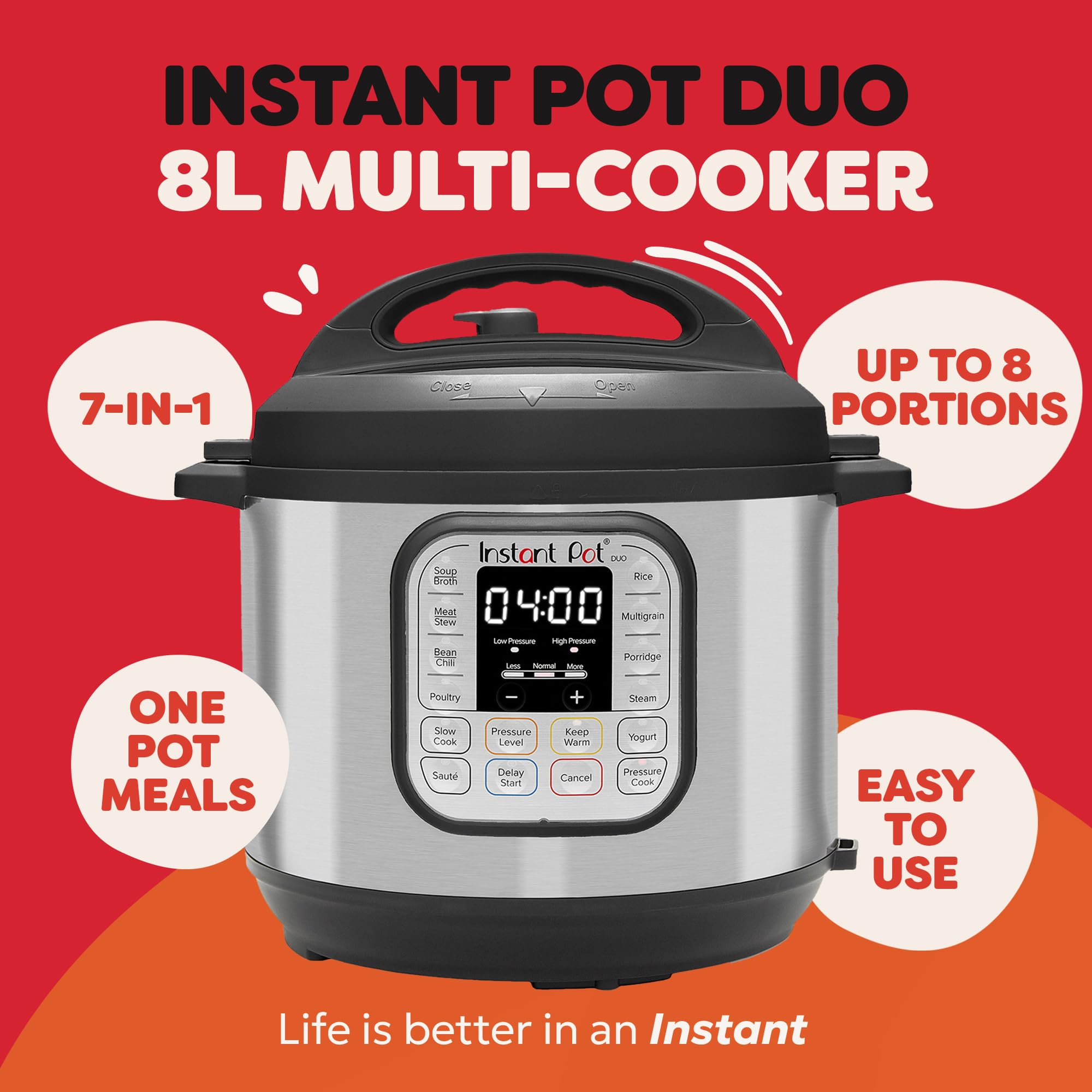 Instant Pot Duo 80 Elektro-Multikocher 1200 W, 7,6L, Edelstahl, - Schnellkochtopf, Schongarer, Reiskocher, Sautierpfanne, Joghurtbereiter, Dampfgarer und Sterilisator, Silber