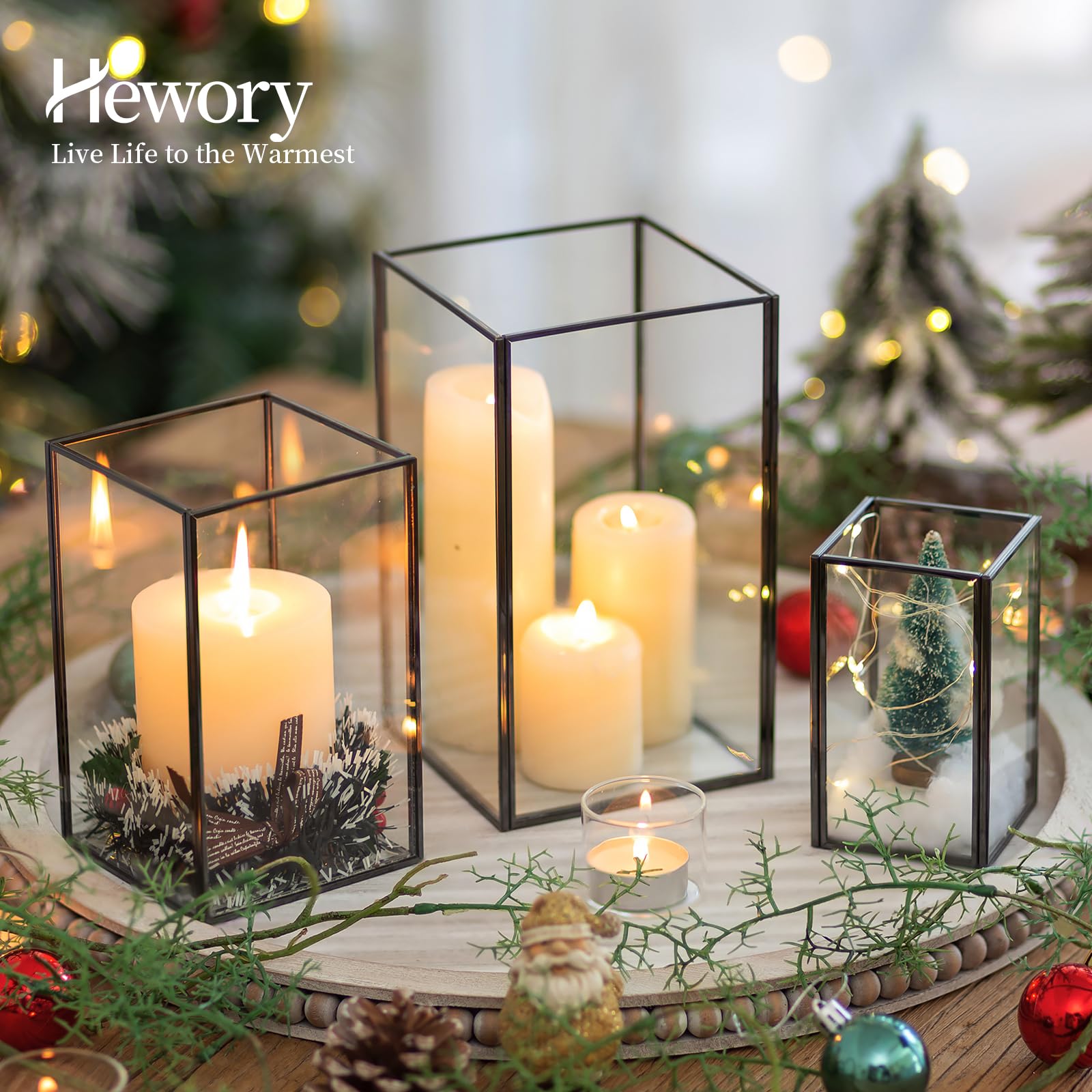 Hewory Glass Hurricane Candle Holder: Black Hurricane Candle Holders with Metal Frame Square Set of 6, Clear Candle Holder for Table Centerpiece Wedding Christmas Engagement Birthday Party Decorations